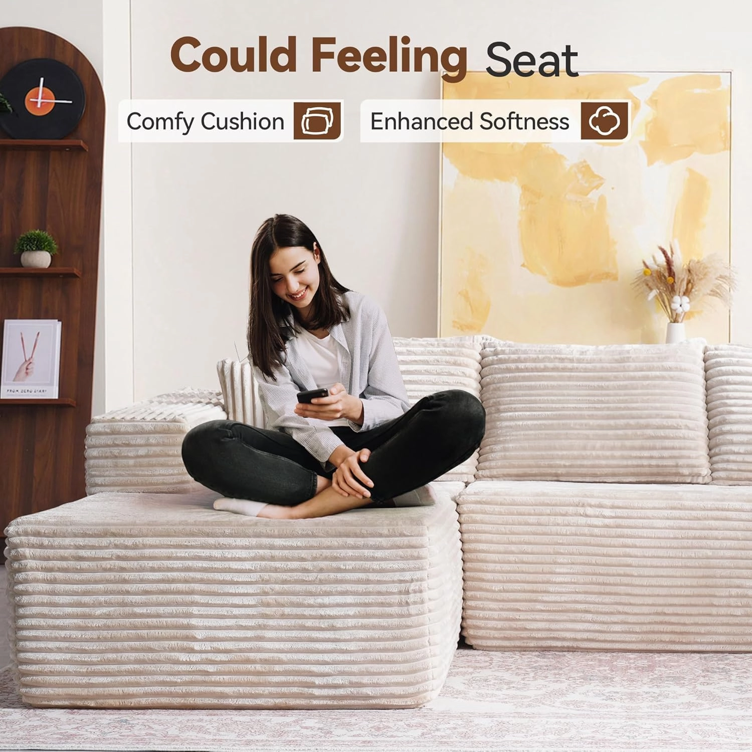 104" Cloud Sectional Couch with Comfy Chaise, Boneless L Shape Sofa with Deep Seat, Minimalist Modular Couches Sleeper for Living Room Bedroom Apartment Lounge,Beige