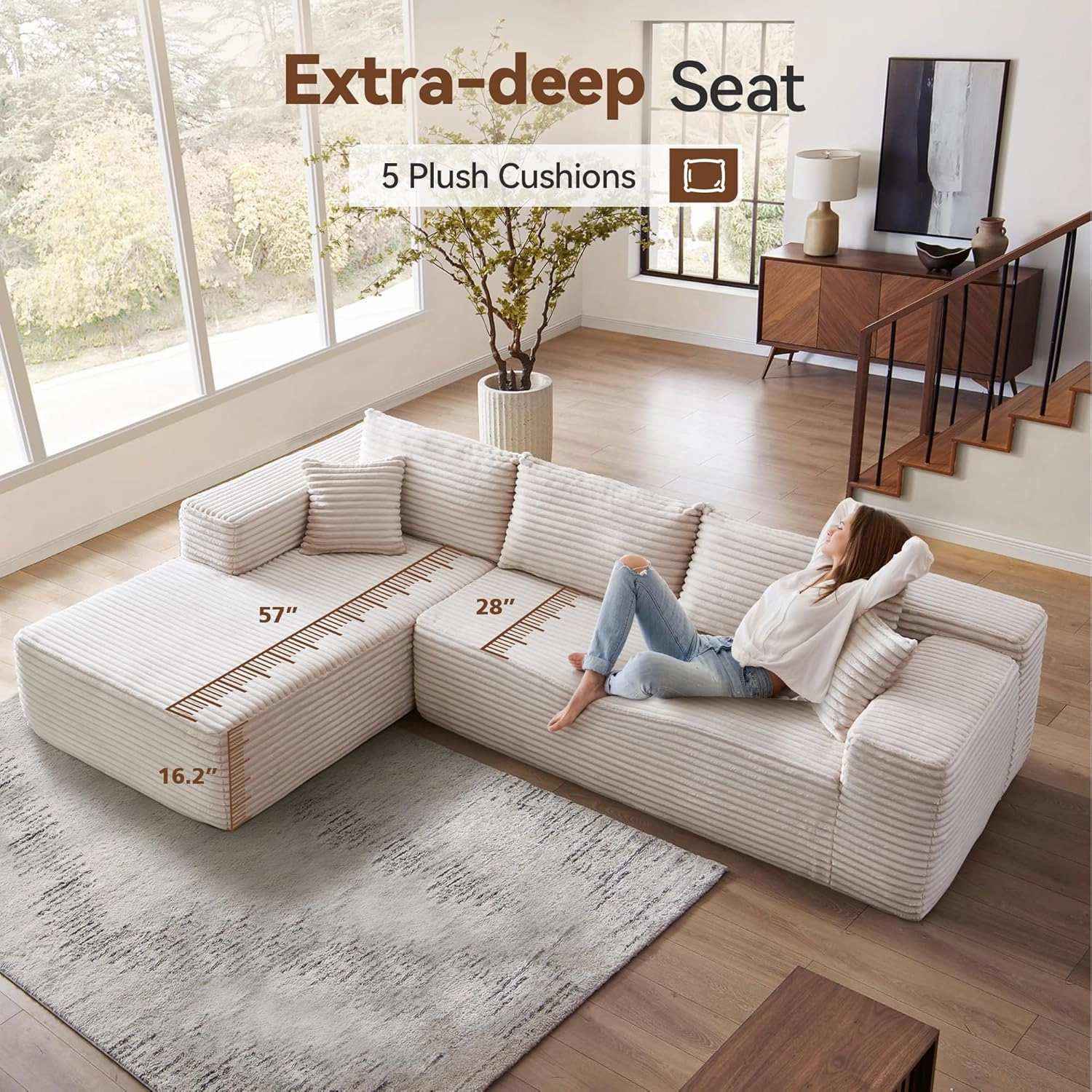 104" Cloud Sectional Couch with Comfy Chaise, Boneless L Shape Sofa with Deep Seat, Minimalist Modular Couches Sleeper for Living Room Bedroom Apartment Lounge,Beige