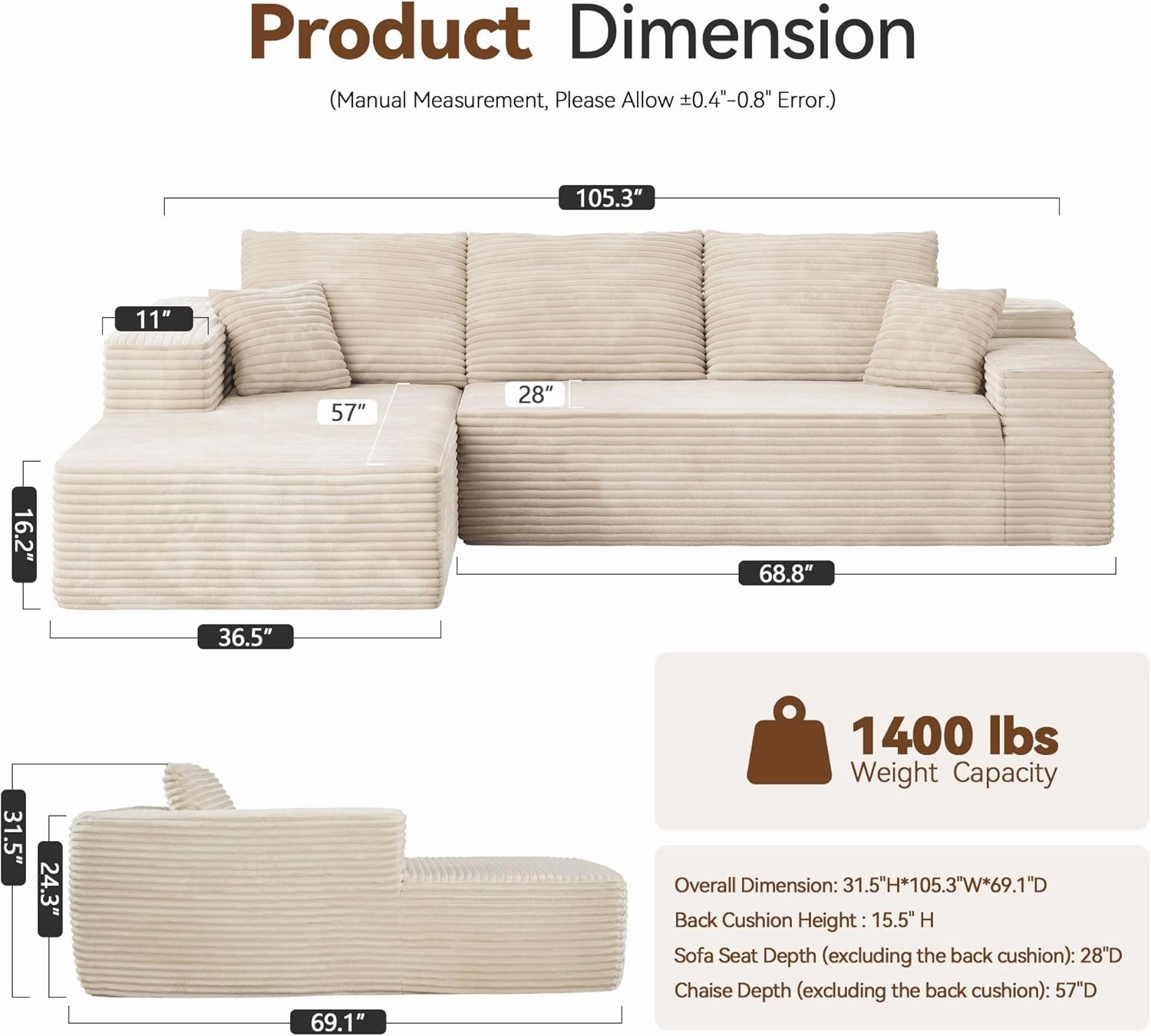104" Cloud Sectional Couch with Comfy Chaise, Boneless L Shape Sofa with Deep Seat, Minimalist Modular Couches Sleeper for Living Room Bedroom Apartment Lounge,Beige