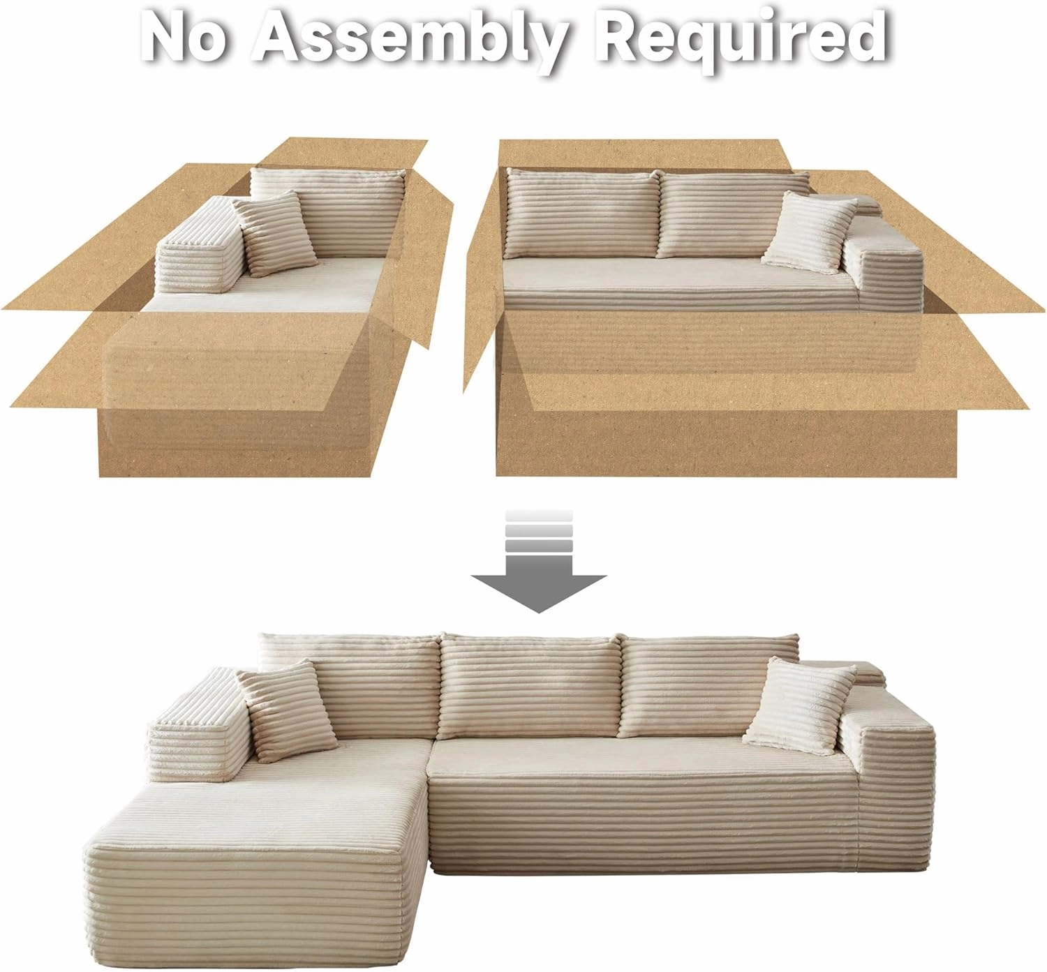 104" Cloud Sectional Couch with Comfy Chaise, Boneless L Shape Sofa with Deep Seat, Minimalist Modular Couches Sleeper for Living Room Bedroom Apartment Lounge,Beige