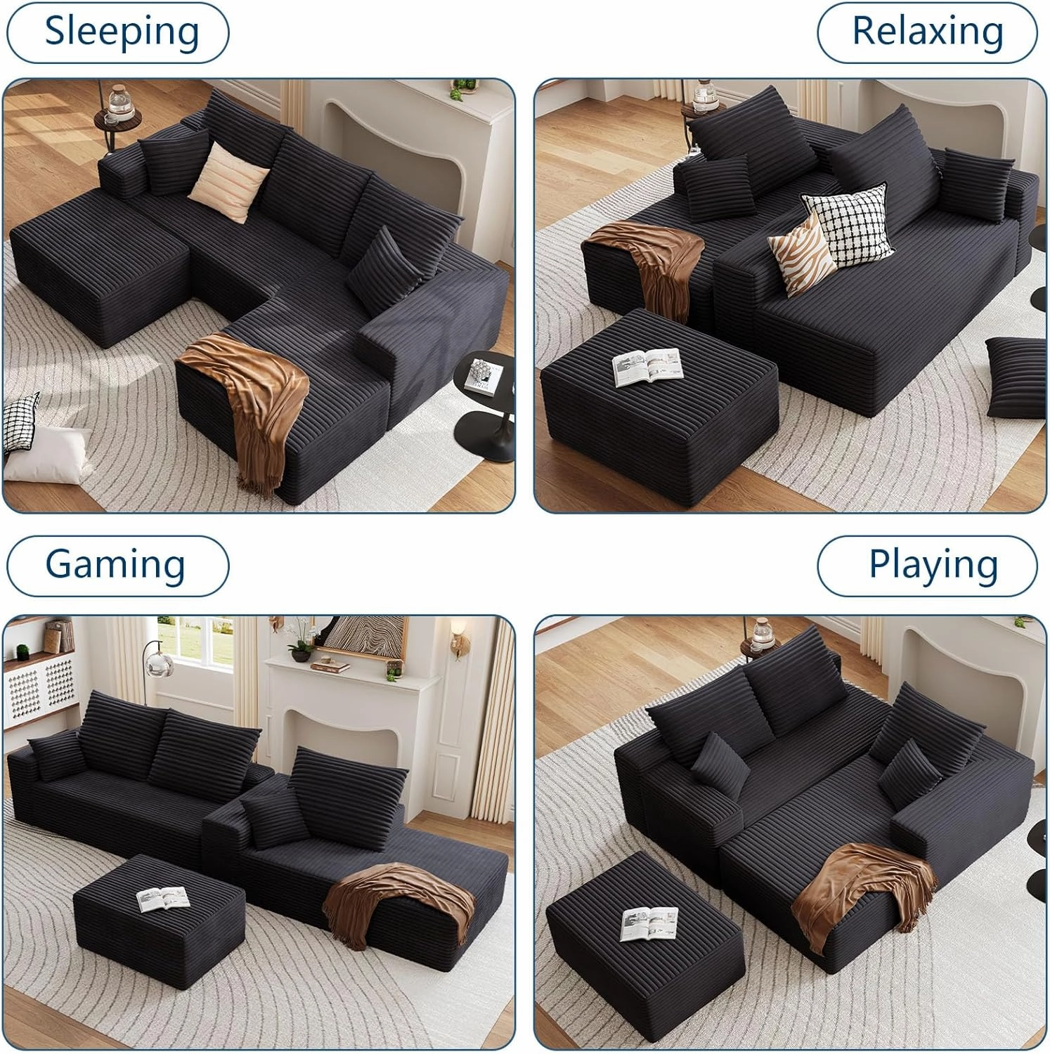 107.5" W Modular Sectional Sofa with Ottoman,Modern Corduroy U-Shaped Cloud Couch with Pillows,Comfy 3-Seater Sofa with Deep-Seat for Living Room, No Assembly Required (Black, Right-Facing Chaise)