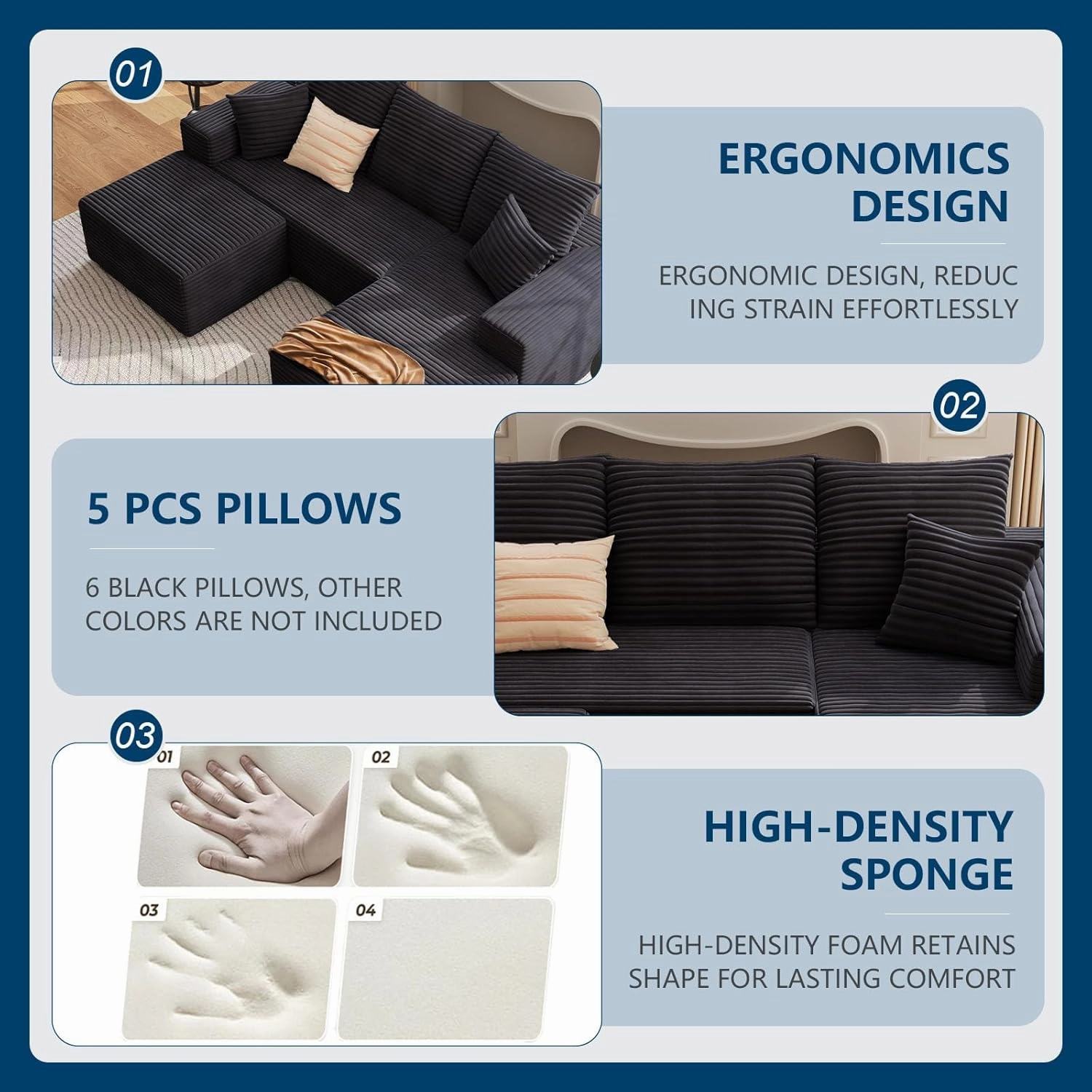 107.5" W Modular Sectional Sofa with Ottoman,Modern Corduroy U-Shaped Cloud Couch with Pillows,Comfy 3-Seater Sofa with Deep-Seat for Living Room, No Assembly Required (Black, Right-Facing Chaise)
