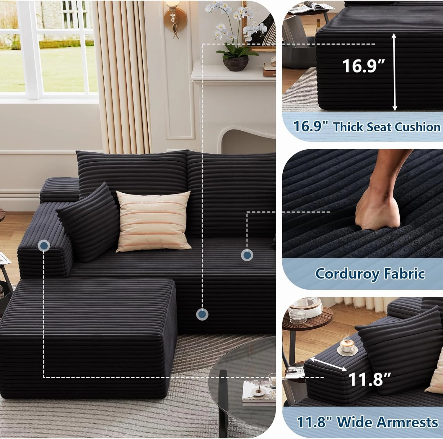 107.5" W Modular Sectional Sofa with Ottoman,Modern Corduroy U-Shaped Cloud Couch with Pillows,Comfy 3-Seater Sofa with Deep-Seat for Living Room, No Assembly Required (Black, Right-Facing Chaise)