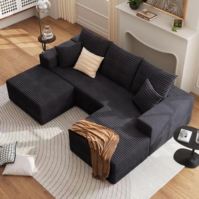 107.5" W Modular Sectional Sofa with Ottoman,Modern Corduroy U-Shaped Cloud Couch with Pillows,Comfy 3-Seater Sofa with Deep-Seat for Living Room, No Assembly Required (Black, Right-Facing Chaise)