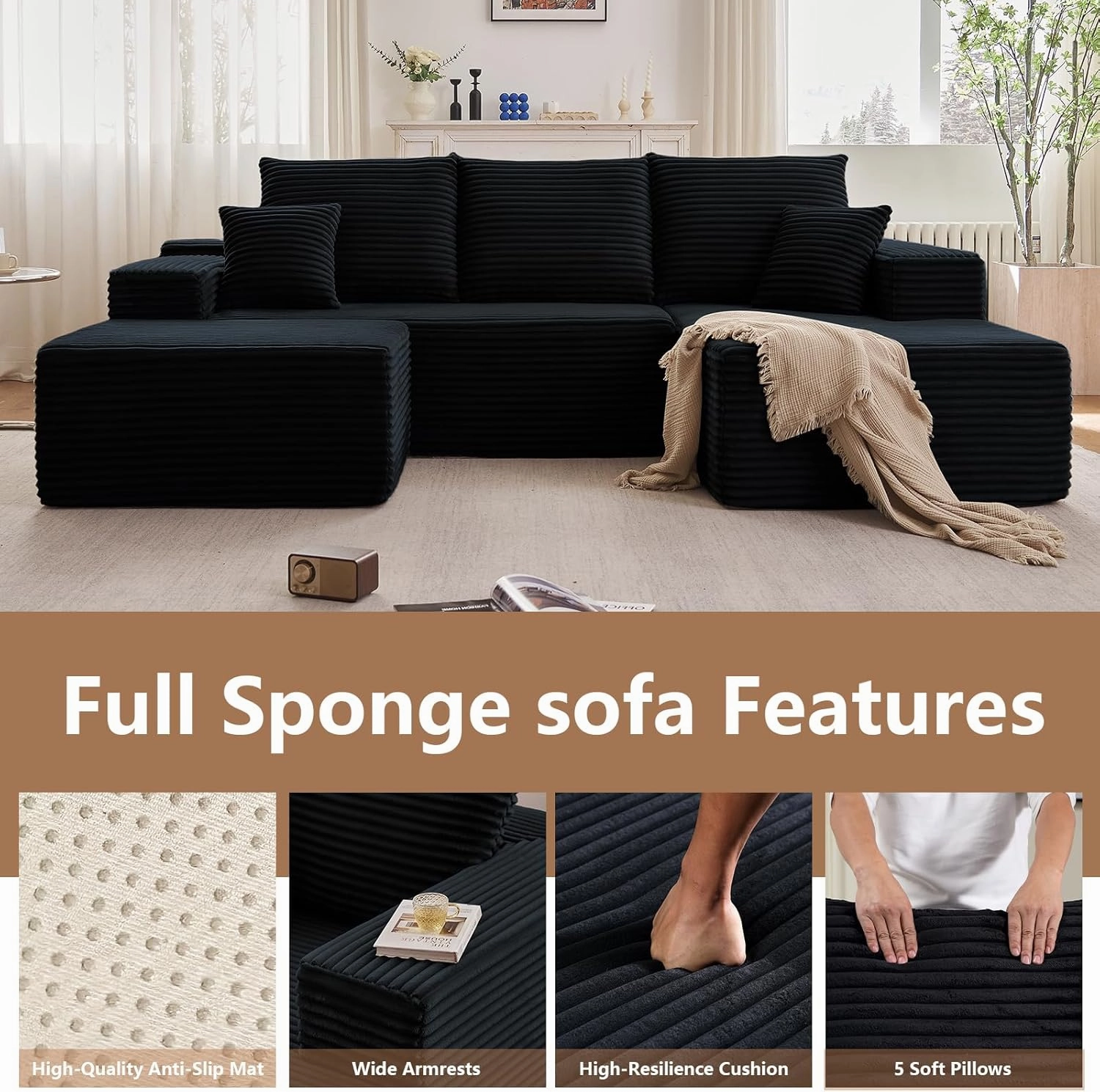 107" Modular Sectional Sofa with Ottoman, Modern Corduroy Cloud Couch with Deep Seat, Upholstered 4-Seater U-Shaped Sofa for Living Room, No Assembly Required (Black, Right-Facing Chaise)