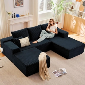 107" Modular Sectional Sofa with Ottoman, Modern Corduroy Cloud Couch with Deep Seat, Upholstered 4-Seater U-Shaped Sofa for Living Room, No Assembly Required (Black, Right-Facing Chaise)