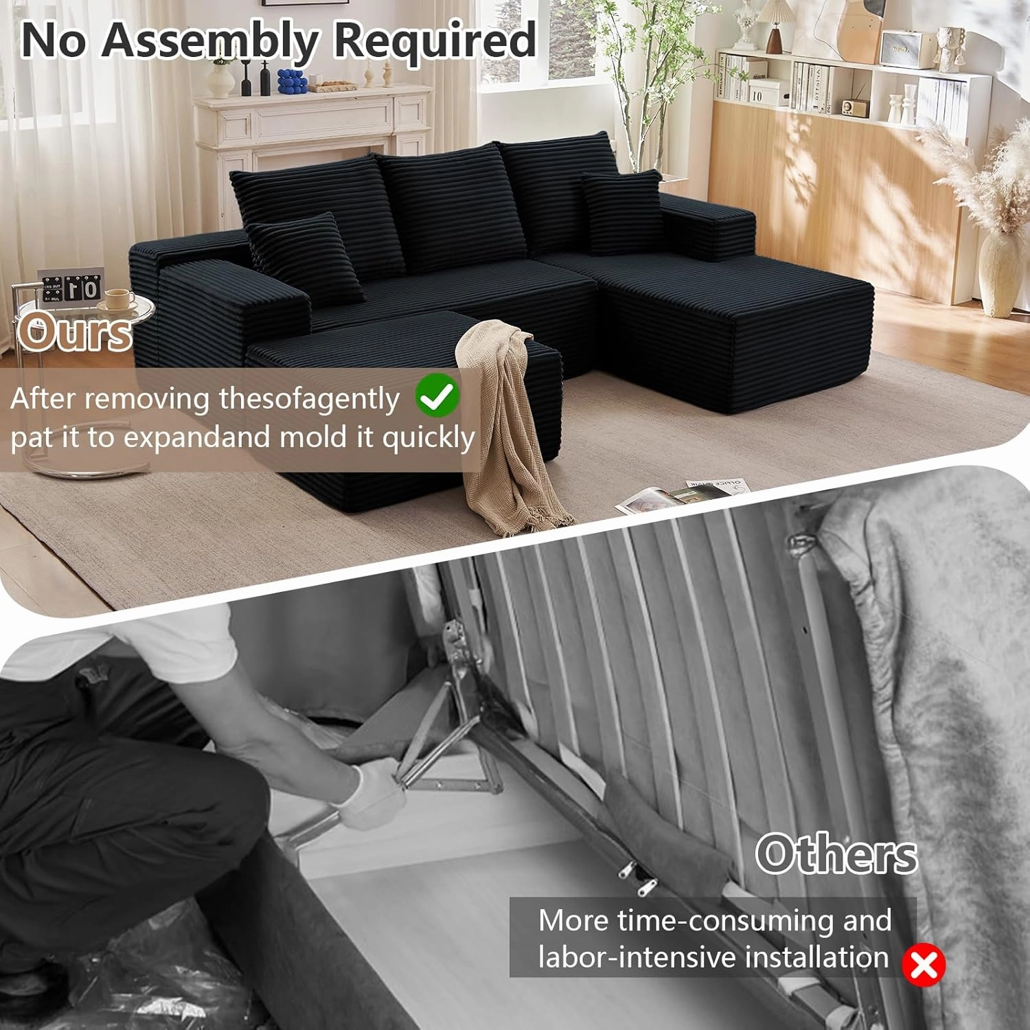 107" Modular Sectional Sofa with Ottoman, Modern Corduroy Cloud Couch with Deep Seat, Upholstered 4-Seater U-Shaped Sofa for Living Room, No Assembly Required (Black, Right-Facing Chaise)