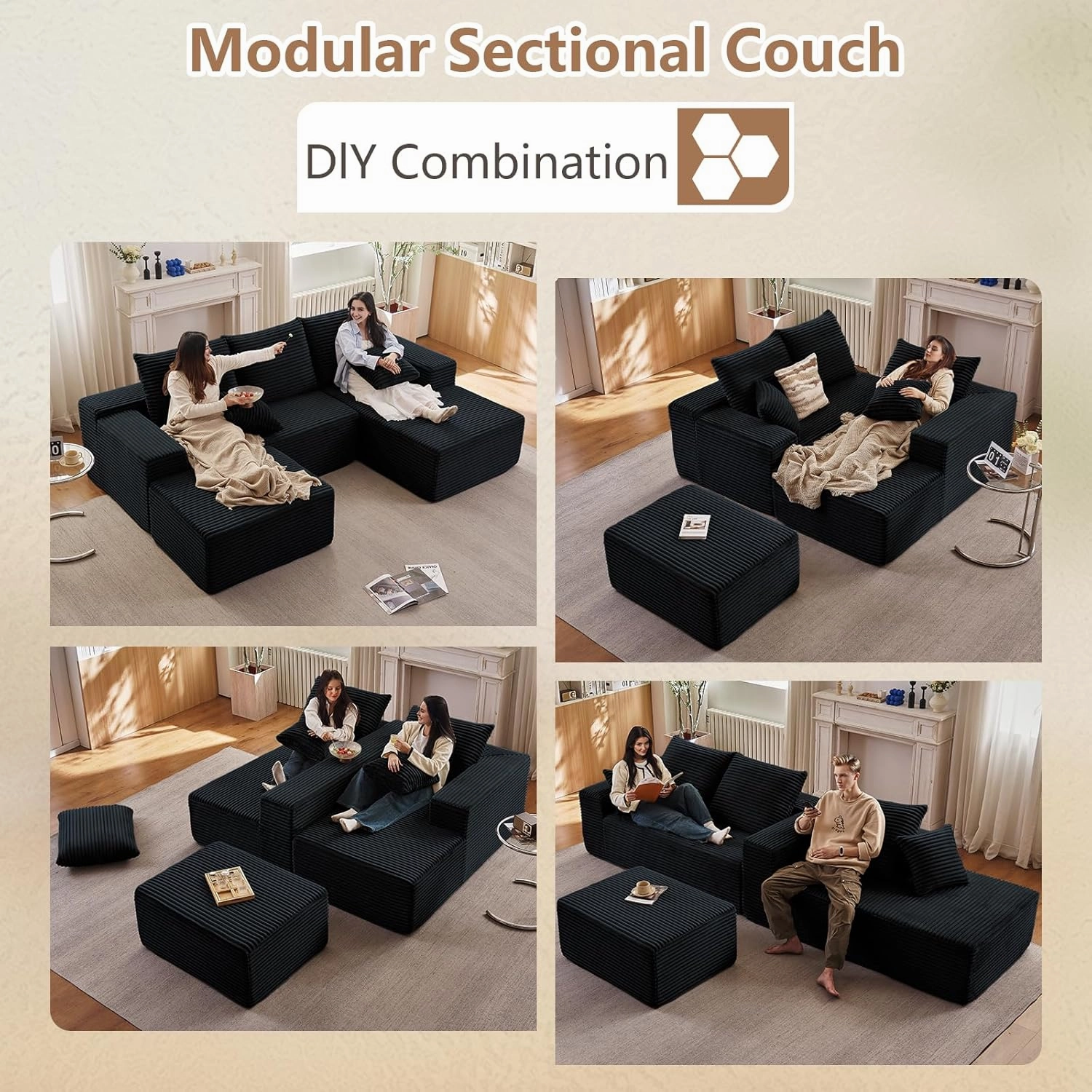 107" Modular Sectional Sofa with Ottoman, Modern Corduroy Cloud Couch with Deep Seat, Upholstered 4-Seater U-Shaped Sofa for Living Room, No Assembly Required (Black, Right-Facing Chaise)