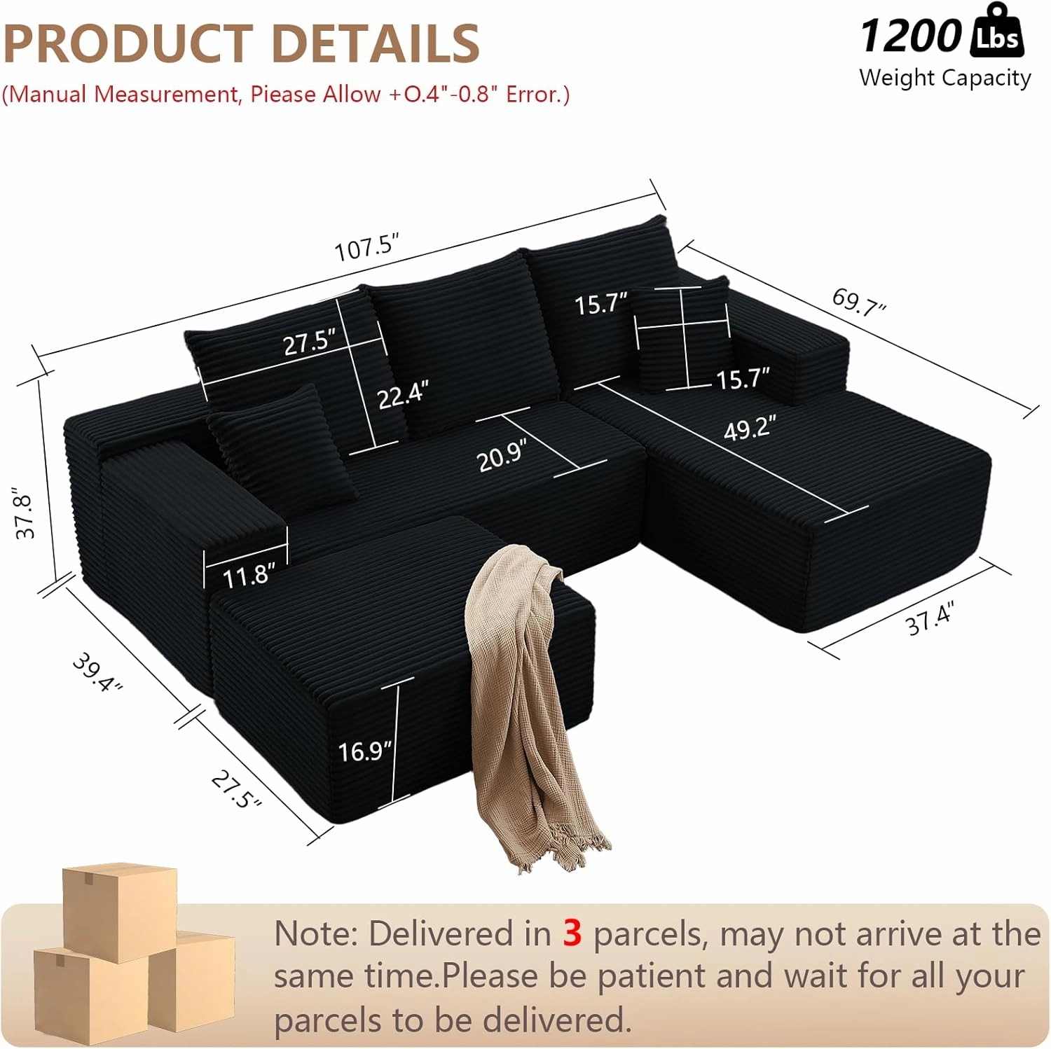 107" Modular Sectional Sofa with Ottoman, Modern Corduroy Cloud Couch with Deep Seat, Upholstered 4-Seater U-Shaped Sofa for Living Room, No Assembly Required (Black, Right-Facing Chaise)