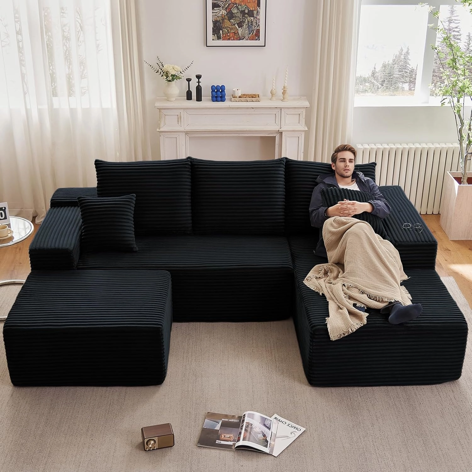 107" Modular Sectional Sofa with Ottoman, Modern Corduroy Cloud Couch with Deep Seat, Upholstered 4-Seater U-Shaped Sofa for Living Room, No Assembly Required (Black, Right-Facing Chaise)
