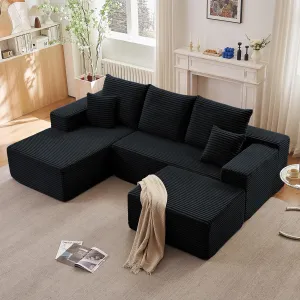 107" Modular Sectional Sofa with Ottoman, Modern Corduroy Cloud Couch with Deep Seat, Upholstered 4-Seater U-Shaped Sofa for Living Room, No Assembly Required (Black, Left-Facing Chaise)