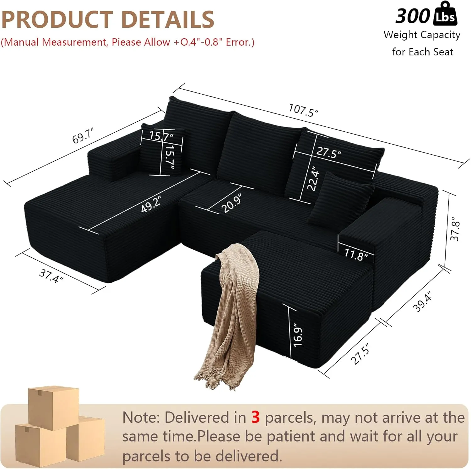 107" Modular Sectional Sofa with Ottoman, Modern Corduroy Cloud Couch with Deep Seat, Upholstered 4-Seater U-Shaped Sofa for Living Room, No Assembly Required (Black, Left-Facing Chaise)