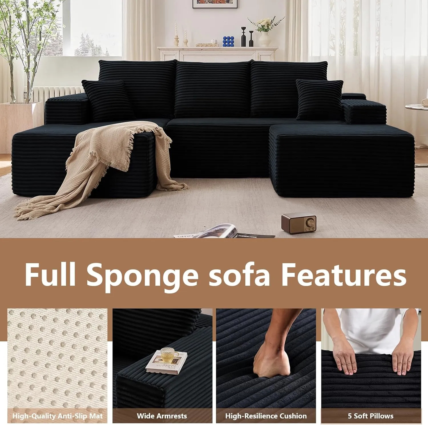 107" Modular Sectional Sofa with Ottoman, Modern Corduroy Cloud Couch with Deep Seat, Upholstered 4-Seater U-Shaped Sofa for Living Room, No Assembly Required (Black, Left-Facing Chaise)