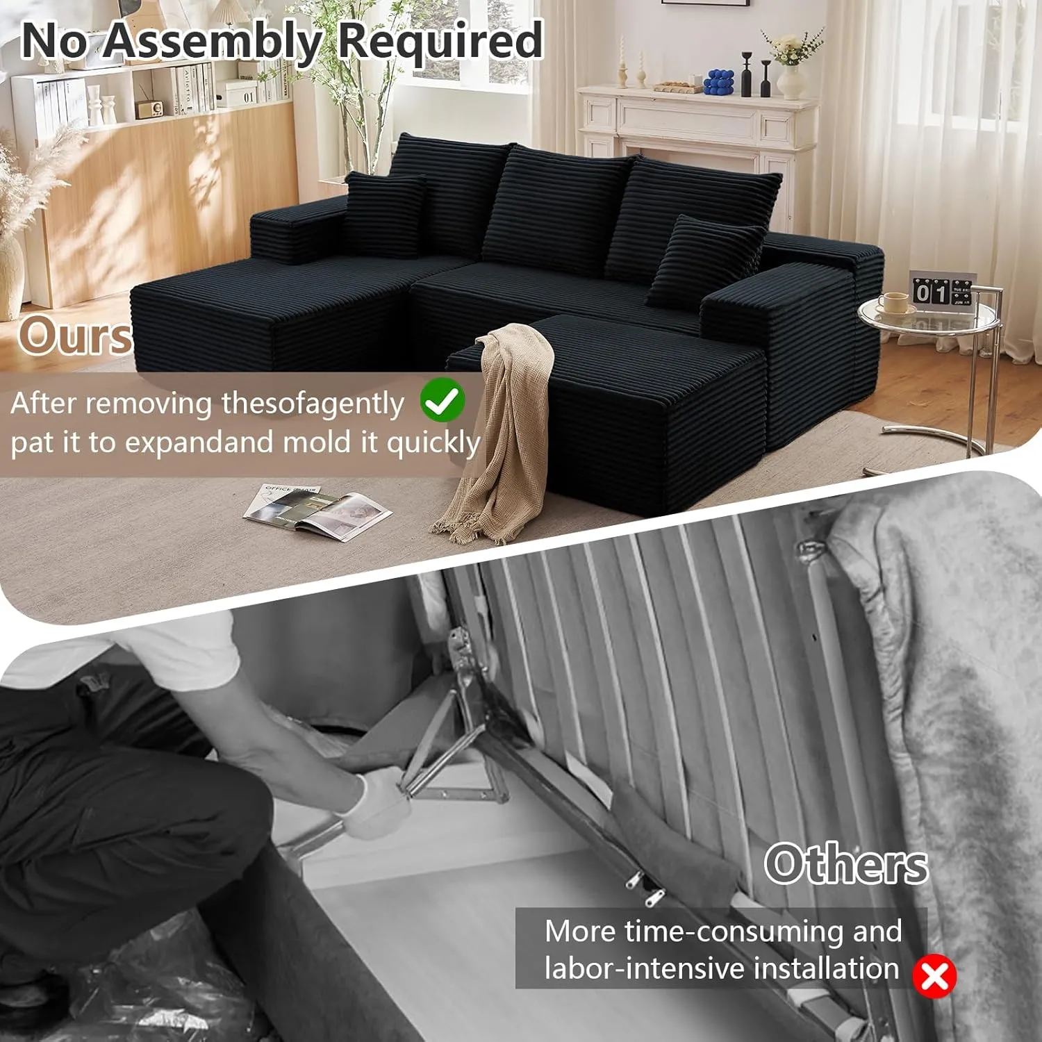107" Modular Sectional Sofa with Ottoman, Modern Corduroy Cloud Couch with Deep Seat, Upholstered 4-Seater U-Shaped Sofa for Living Room, No Assembly Required (Black, Left-Facing Chaise)