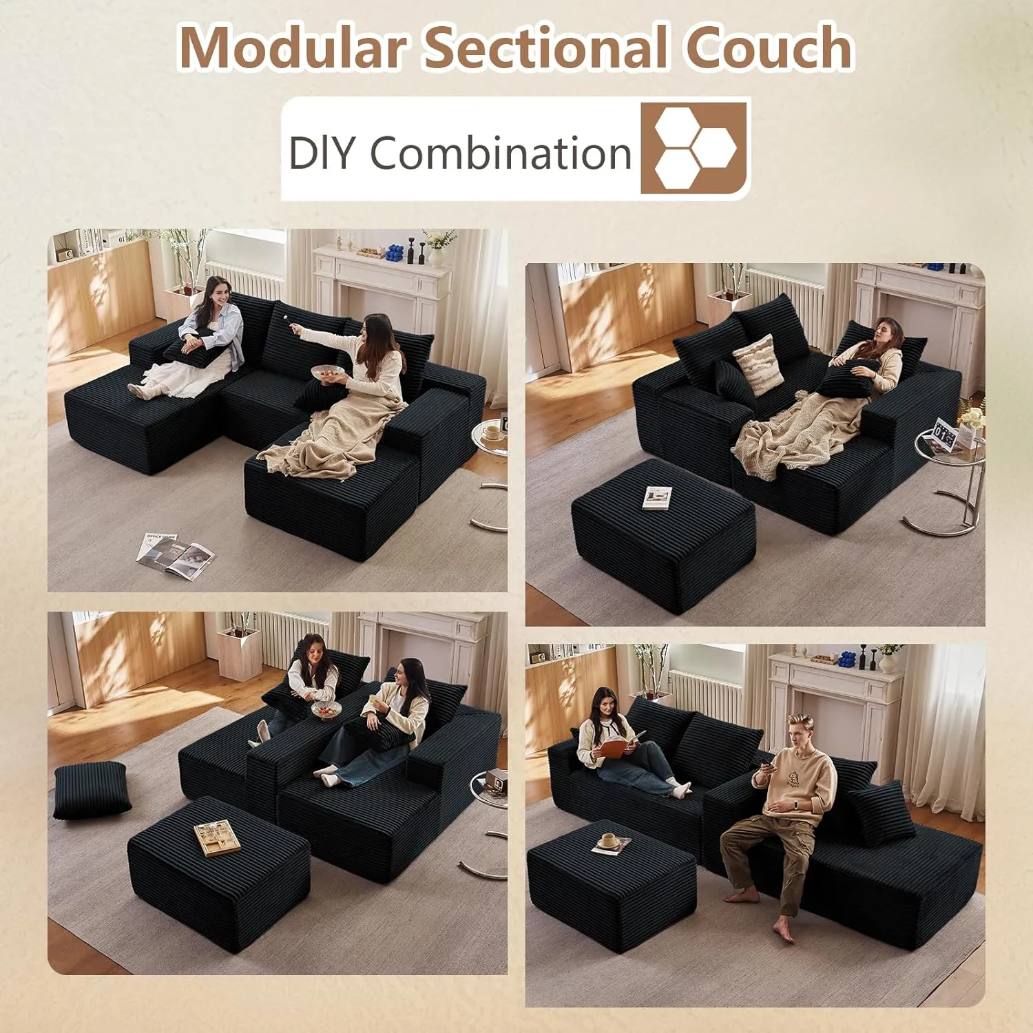 107" Modular Sectional Sofa with Ottoman, Modern Corduroy Cloud Couch with Deep Seat, Upholstered 4-Seater U-Shaped Sofa for Living Room, No Assembly Required (Black, Left-Facing Chaise)