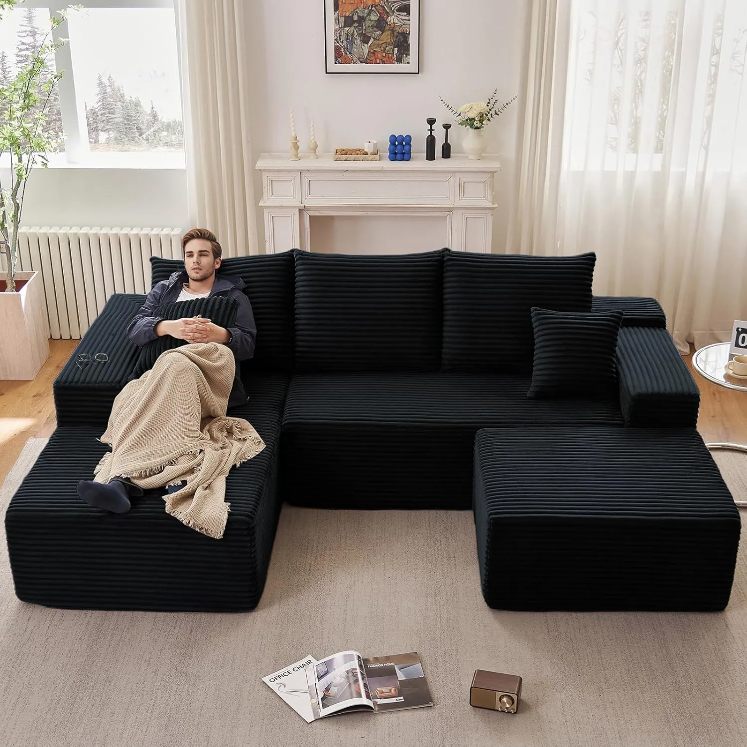 107" Modular Sectional Sofa with Ottoman, Modern Corduroy Cloud Couch with Deep Seat, Upholstered 4-Seater U-Shaped Sofa for Living Room, No Assembly Required (Black, Left-Facing Chaise)