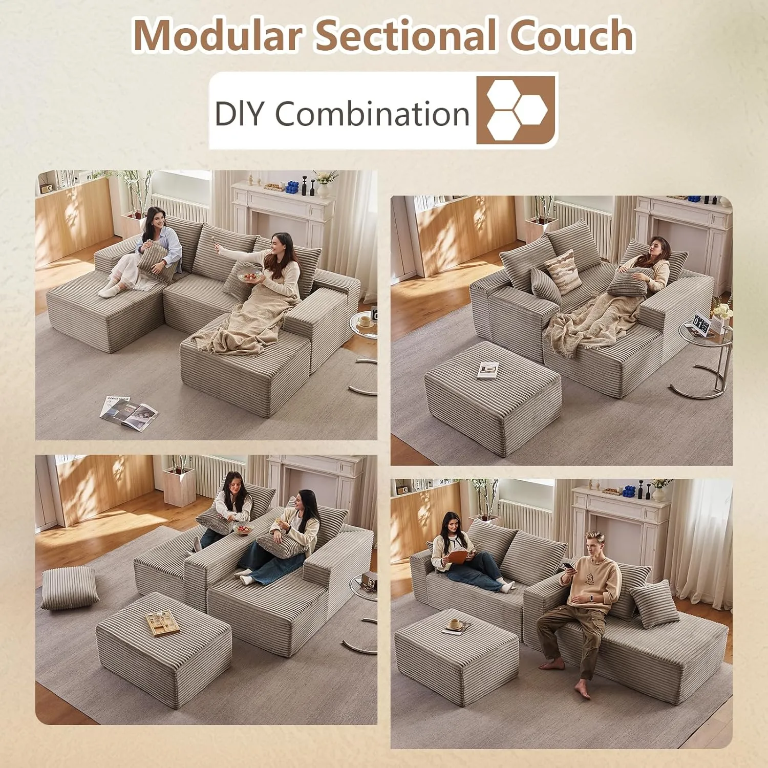 107" Modular Sectional Sofa with Ottoman, Modern Corduroy Cloud Couch with Deep Seat, Upholstered 4-Seater U-Shaped Sofa for Living Room, No Assembly Required (Camel, Left-Facing Chaise)