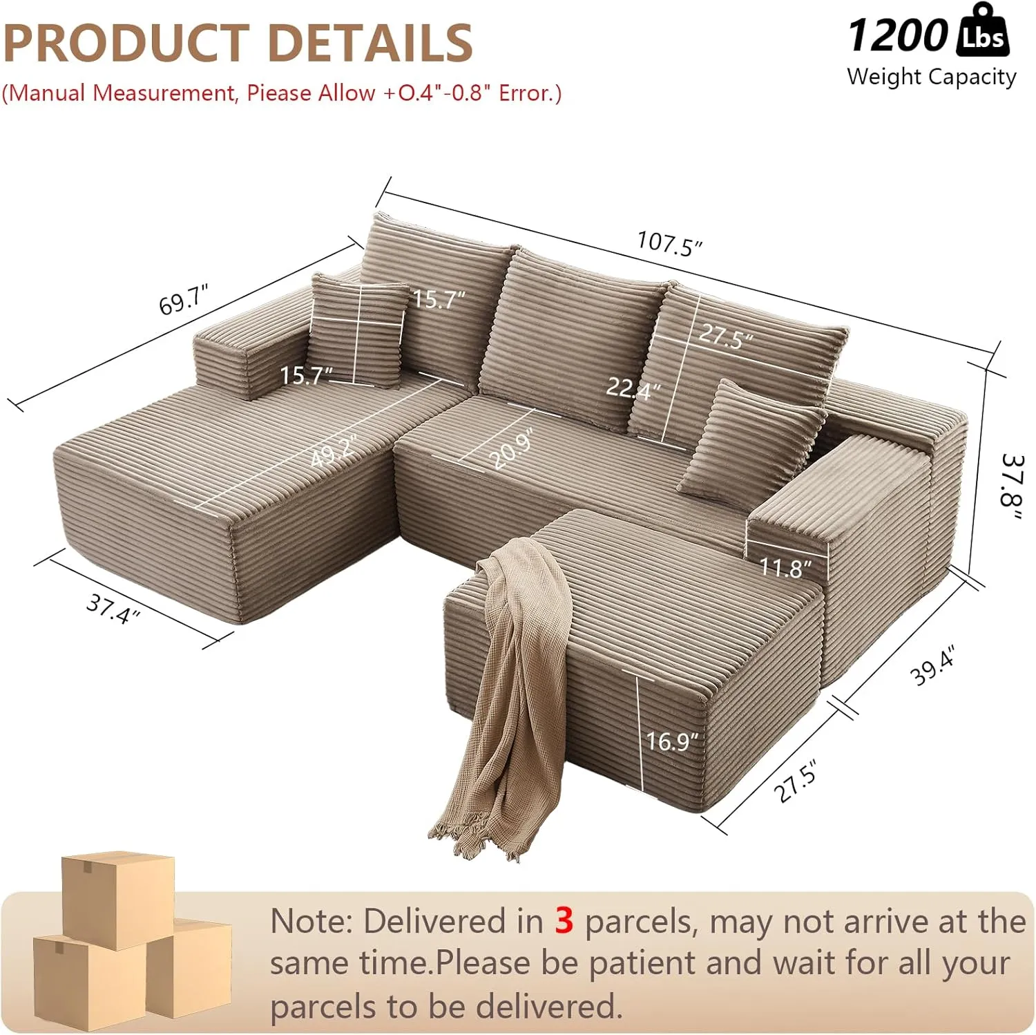 107" Modular Sectional Sofa with Ottoman, Modern Corduroy Cloud Couch with Deep Seat, Upholstered 4-Seater U-Shaped Sofa for Living Room, No Assembly Required (Camel, Left-Facing Chaise)