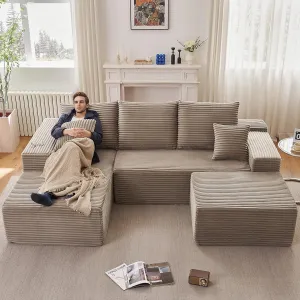 107" Modular Sectional Sofa with Ottoman, Modern Corduroy Cloud Couch with Deep Seat, Upholstered 4-Seater U-Shaped Sofa for Living Room, No Assembly Required (Camel, Left-Facing Chaise)