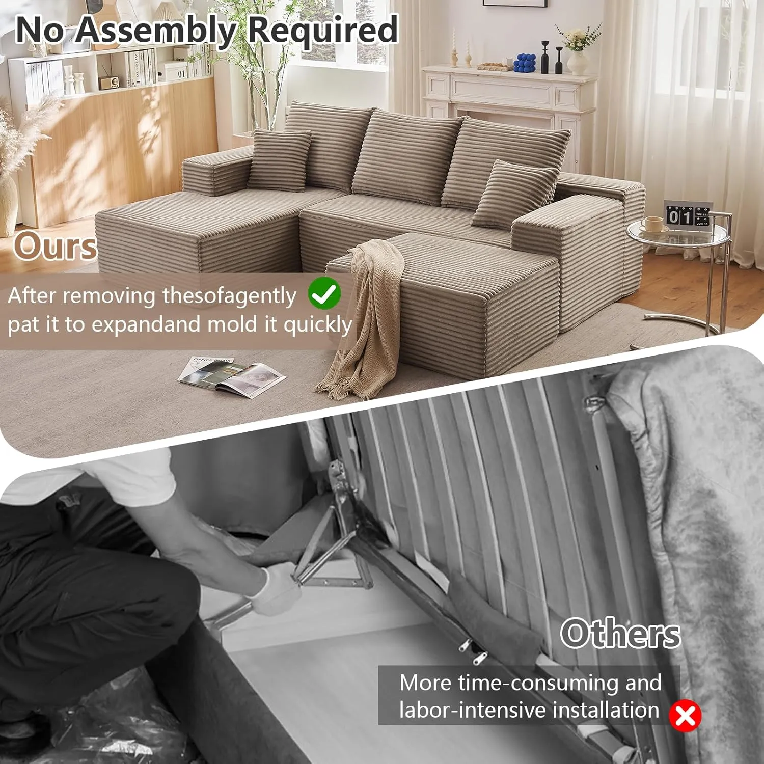 107" Modular Sectional Sofa with Ottoman, Modern Corduroy Cloud Couch with Deep Seat, Upholstered 4-Seater U-Shaped Sofa for Living Room, No Assembly Required (Camel, Left-Facing Chaise)