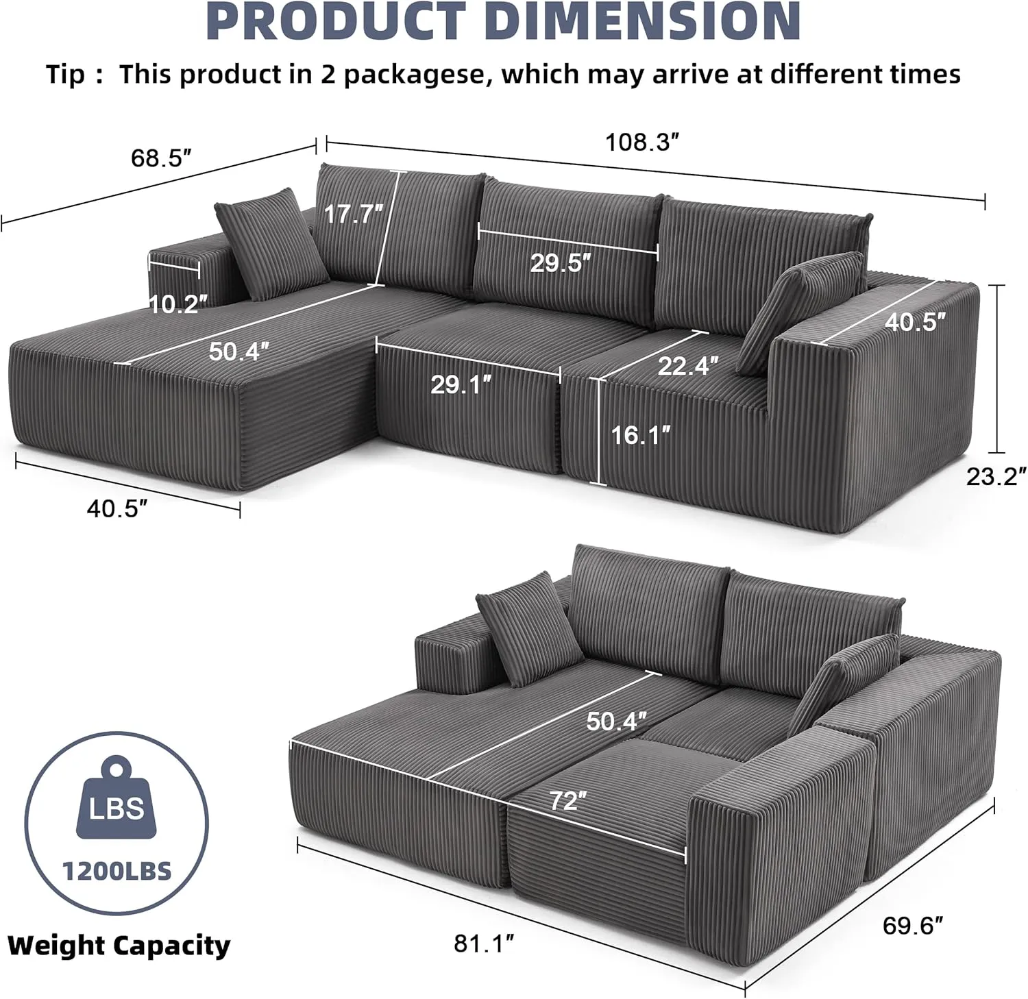 108” Modular Sectional Sofa, Cloud Sectional Couch with Deep Seat, Modern Modular L-Shape Sofa Couch with Chaise,Upholstered Couches for Living Room Bedroom (Grey, Left Facing Chaise)