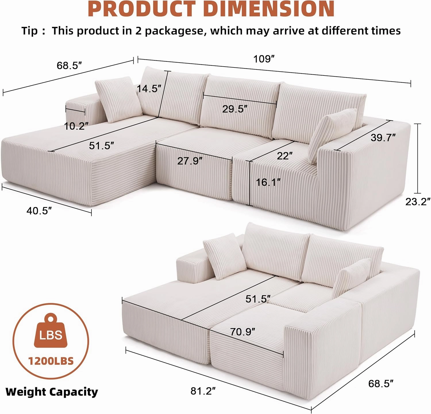 108” Modular Sectional Sofa, Cloud Sectional Couch with Deep Seat, Modern Modular L-Shape Sofa Couch with Chaise,Upholstered Couches for Living Room Bedroom (Beige, Left Facing Chaise)
