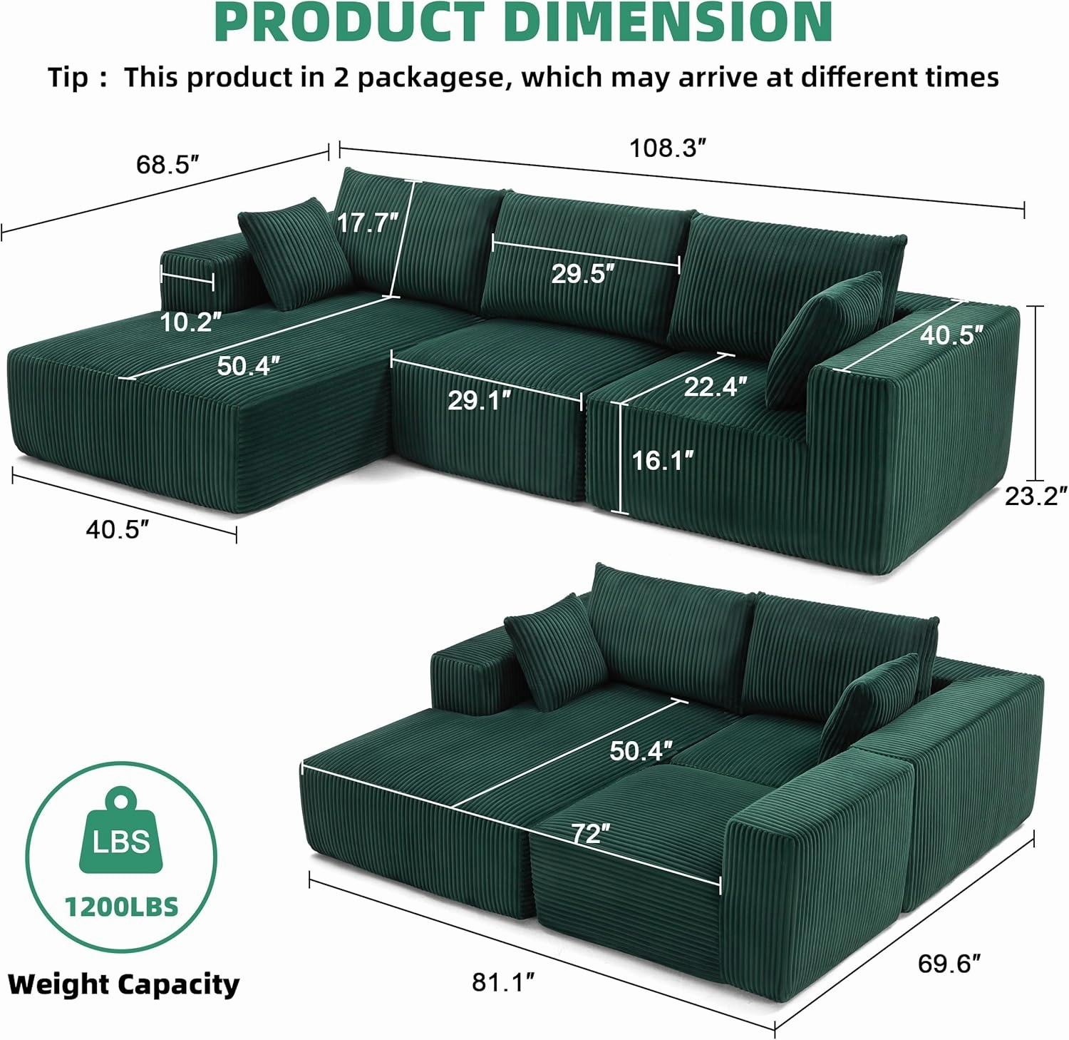 108” Modular Sectional Sofa, Cloud Sectional Couch with Deep Seat, Modern Modular L-Shape Sofa Couch with Chaise,Upholstered Couches for Living Room Bedroom (Green, Left Facing Chaise)
