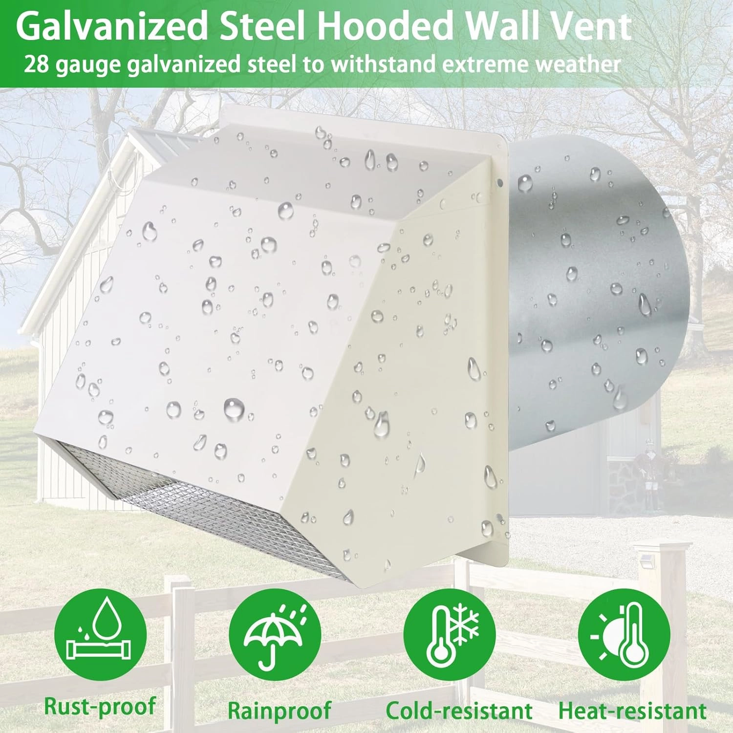 10 Inch Hooded Wall Vent with Screen and Damper, Outdoor Wall Exhaust Vent Cover Cap for Kitchen Range Hood Dryer Exterior Ventilation and Outside Air Exhaust, Galvanized Steel, White