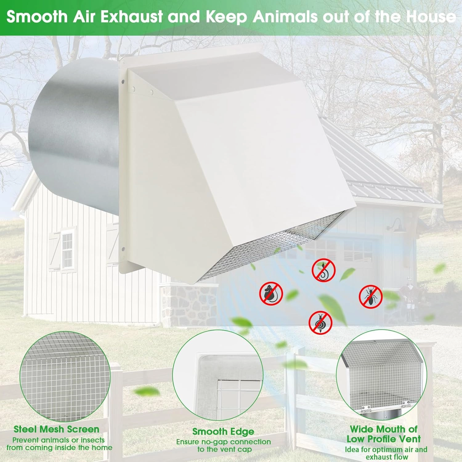 10 Inch Hooded Wall Vent with Screen and Damper, Outdoor Wall Exhaust Vent Cover Cap for Kitchen Range Hood Dryer Exterior Ventilation and Outside Air Exhaust, Galvanized Steel, White