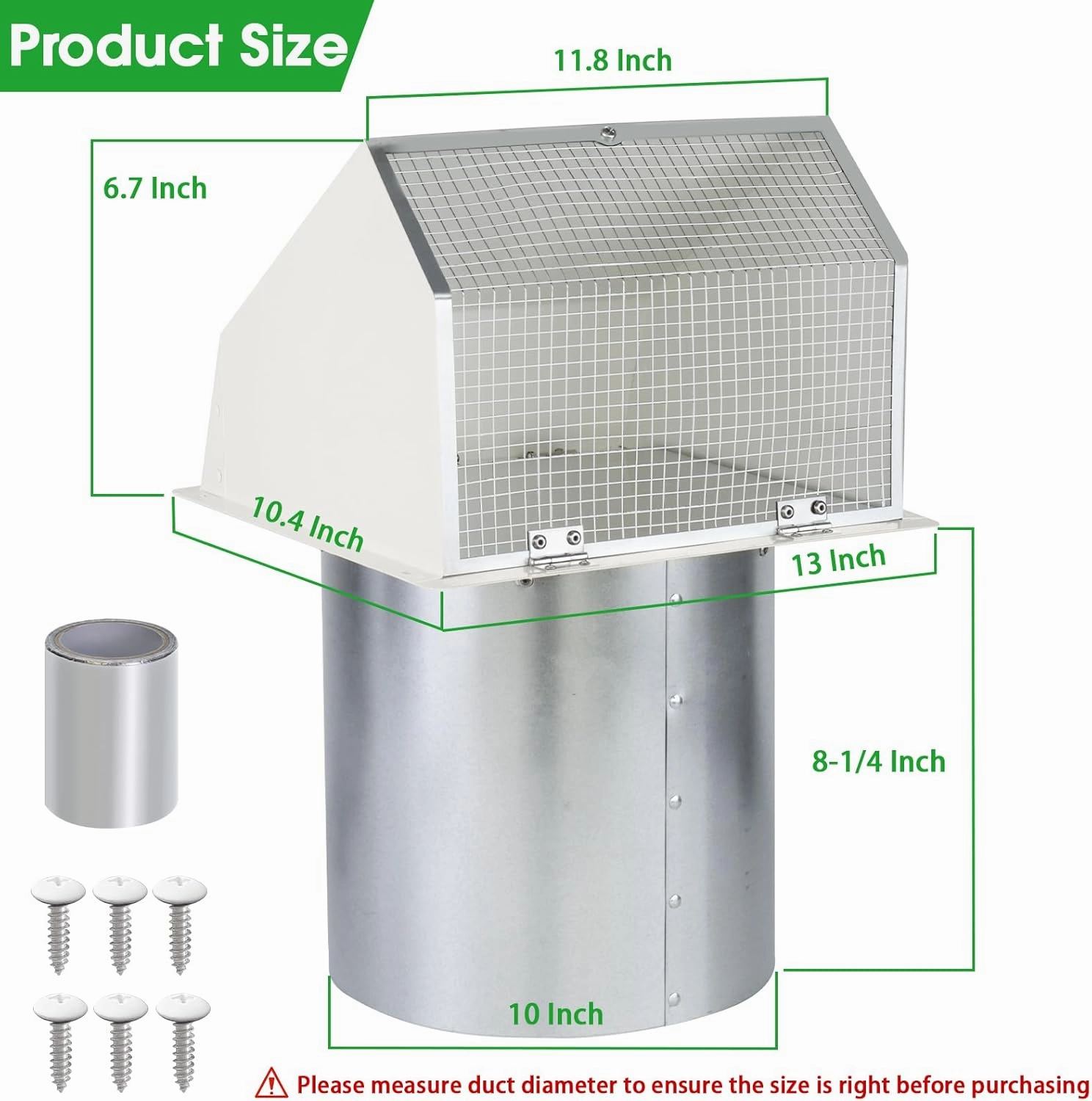 10 Inch Hooded Wall Vent with Screen and Damper, Outdoor Wall Exhaust Vent Cover Cap for Kitchen Range Hood Dryer Exterior Ventilation and Outside Air Exhaust, Galvanized Steel, White