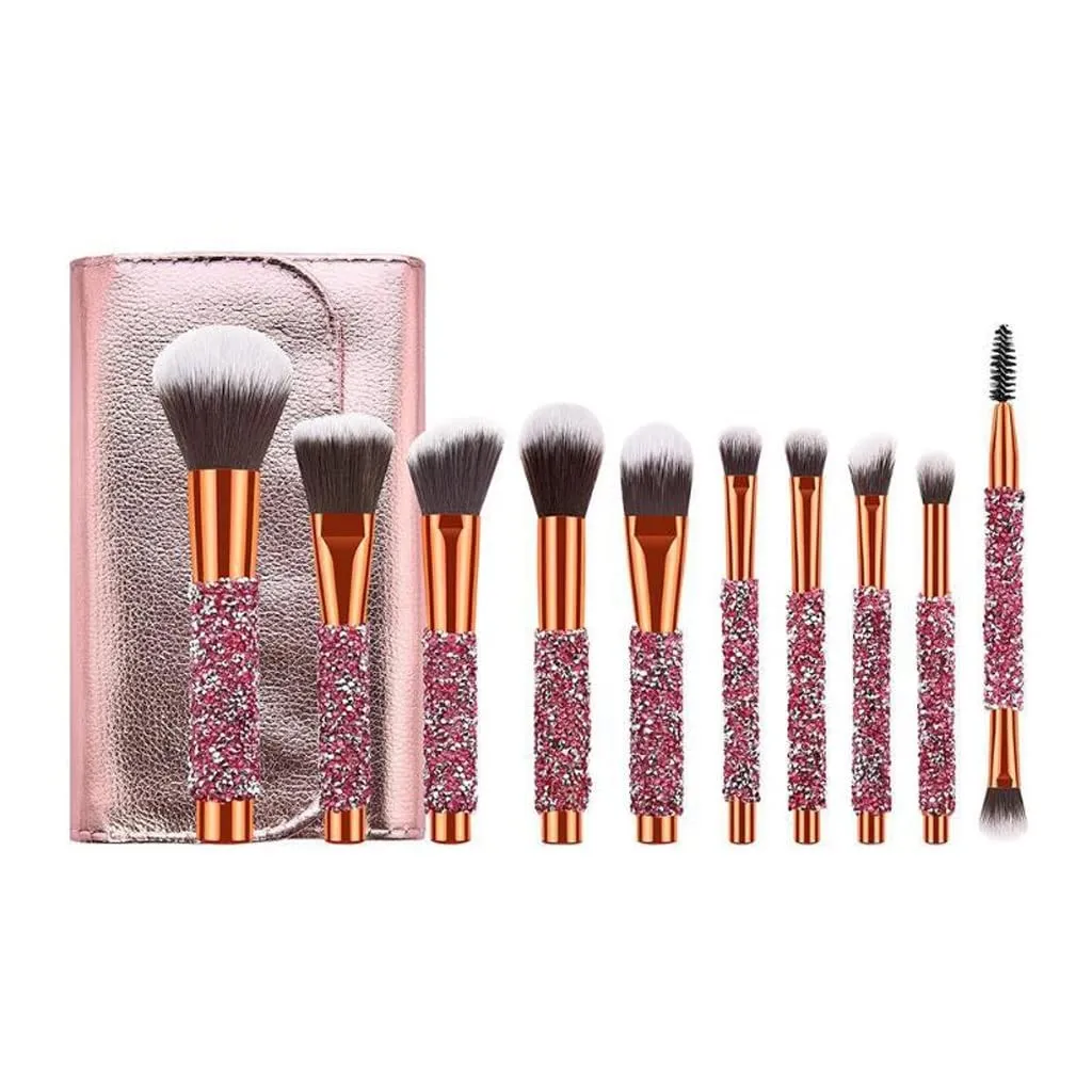 10pcs Diamond Makeup Brushes Set Glitter Shiny Crystal Brush with PU Bag Foundation Blush Kit(Argento)