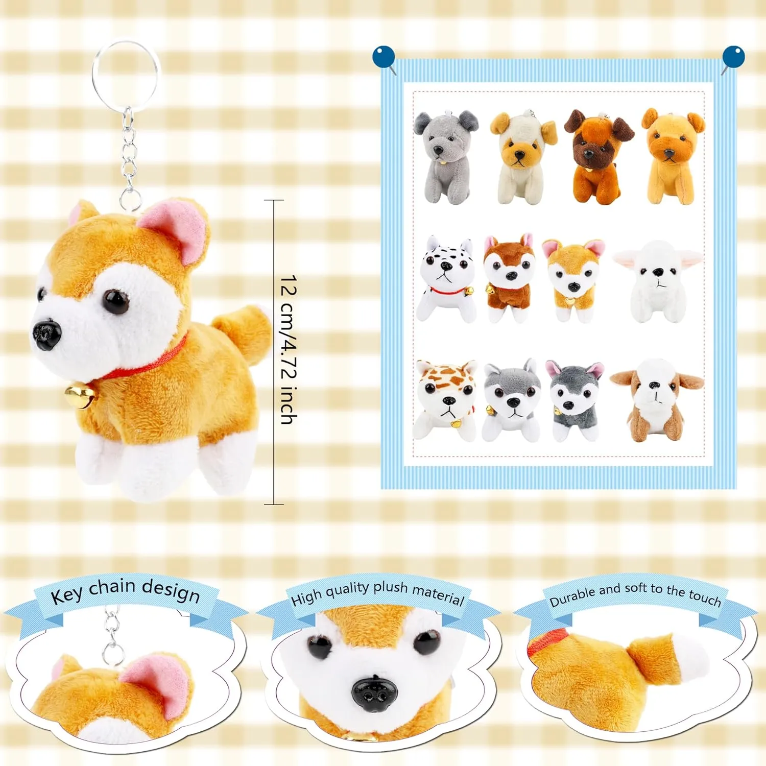 12 Pack Mini Plush Dog Bulk Soft Small Puppy Stuffed Animals Keychain for Backpack Goodie Bag Fillers Baby Shower Birthday Valentines Easter (Color Set 3)
