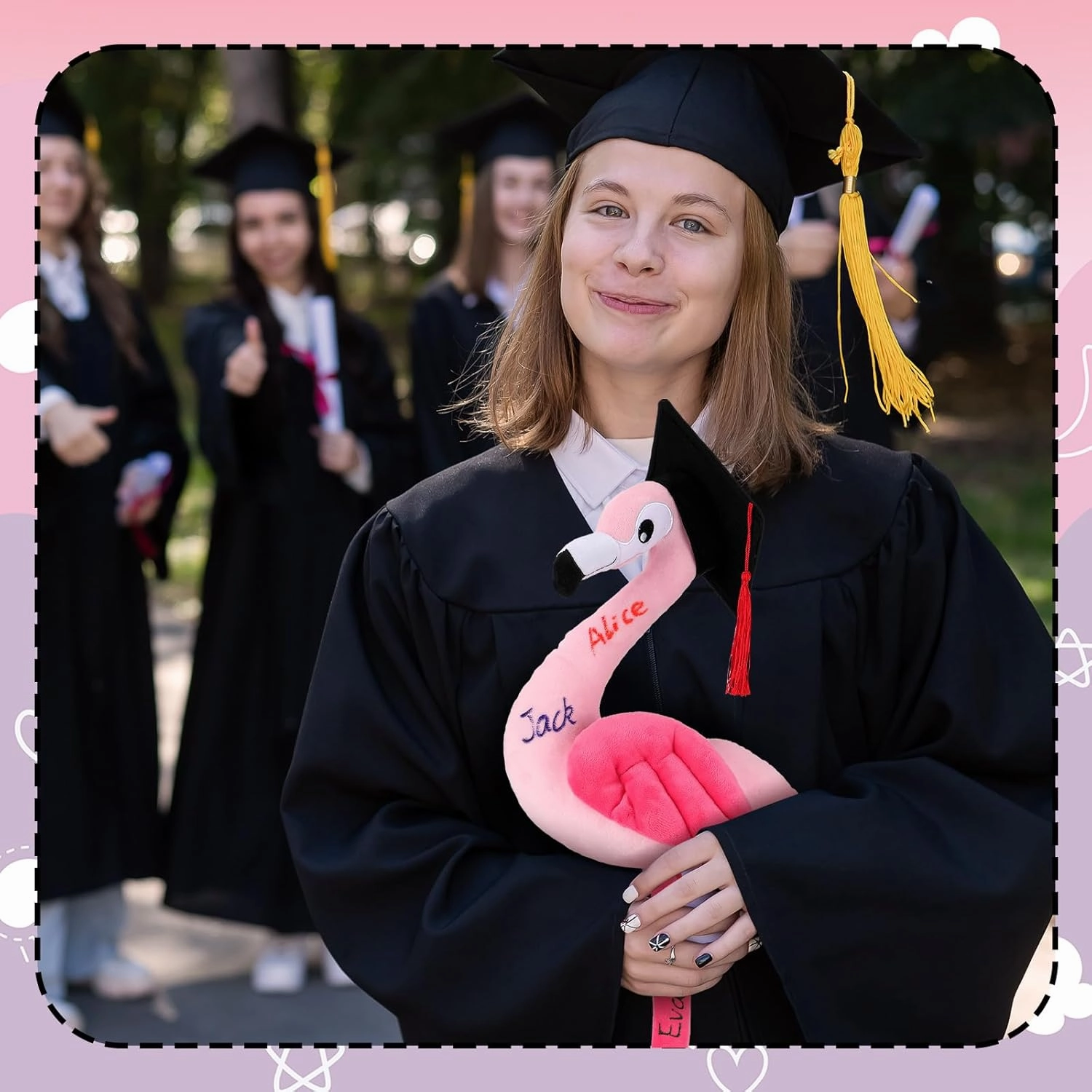 12 Inch Graduation Autograph Stuffed Animal Flamingo Plush with Graduation Cap Smooth Fabric Congrats Grad Stuffed Flamingo with 8 Colored Marking Pens for Graduate Student Party Supply