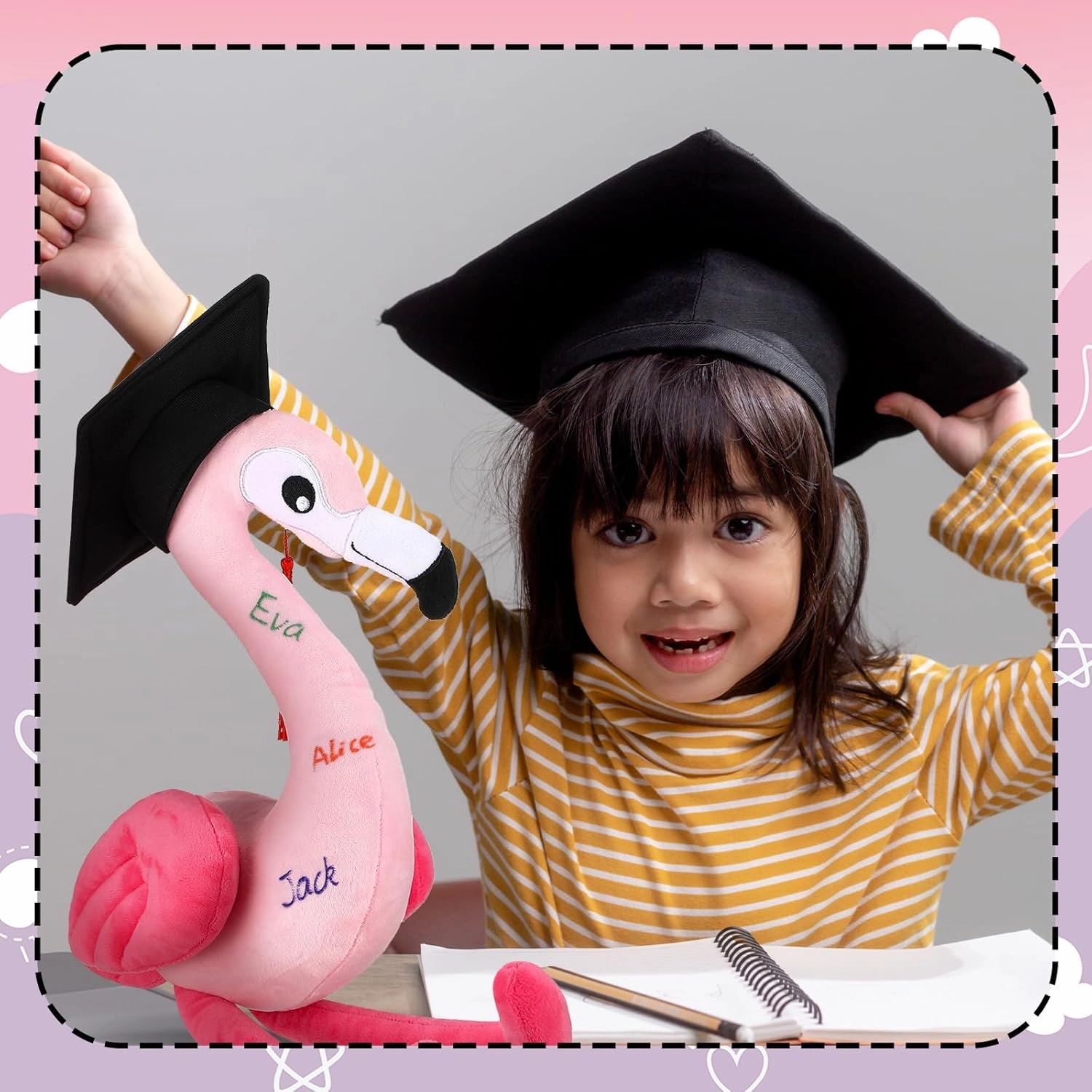 12 Inch Graduation Autograph Stuffed Animal Flamingo Plush with Graduation Cap Smooth Fabric Congrats Grad Stuffed Flamingo with 8 Colored Marking Pens for Graduate Student Party Supply