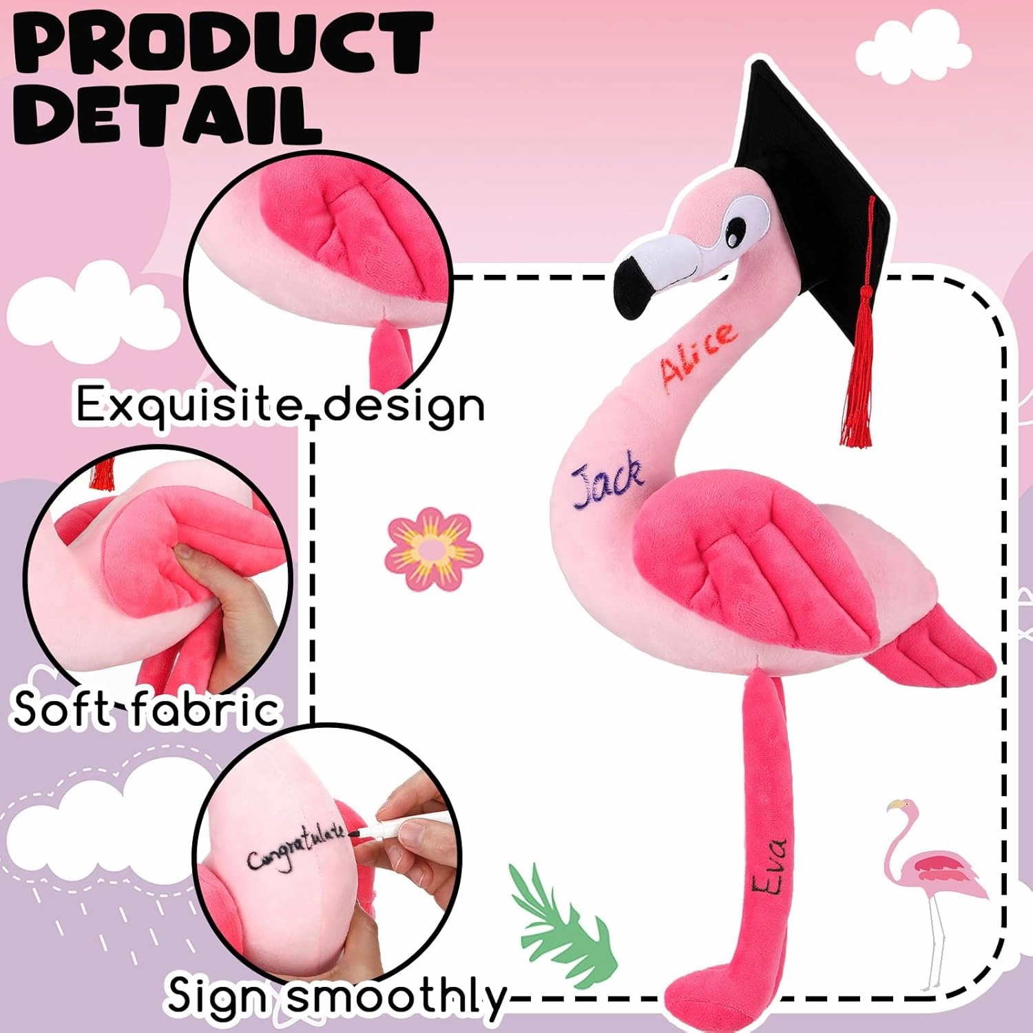 12 Inch Graduation Autograph Stuffed Animal Flamingo Plush with Graduation Cap Smooth Fabric Congrats Grad Stuffed Flamingo with 8 Colored Marking Pens for Graduate Student Party Supply