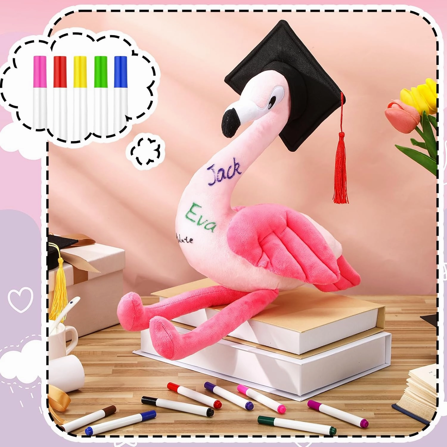 12 Inch Graduation Autograph Stuffed Animal Flamingo Plush with Graduation Cap Smooth Fabric Congrats Grad Stuffed Flamingo with 8 Colored Marking Pens for Graduate Student Party Supply