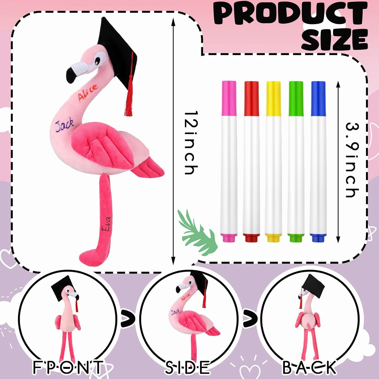 12 Inch Graduation Autograph Stuffed Animal Flamingo Plush with Graduation Cap Smooth Fabric Congrats Grad Stuffed Flamingo with 8 Colored Marking Pens for Graduate Student Party Supply