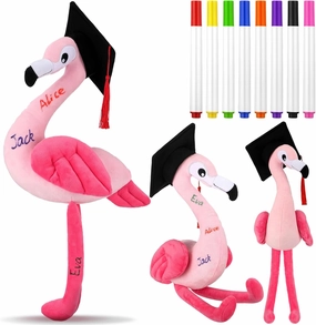 12 Inch Graduation Autograph Stuffed Animal Flamingo Plush with Graduation Cap Smooth Fabric Congrats Grad Stuffed Flamingo with 8 Colored Marking Pens for Graduate Student Party Supply