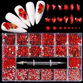 12 Types of Red 600 Diamonds   2500 Flat Rhinestones Mix 20 Styles Flatback DIY Crafts Rhinestone Crystals 3D Decorations Flat Back Stones Set   Rhinestone Picker Wax Pen