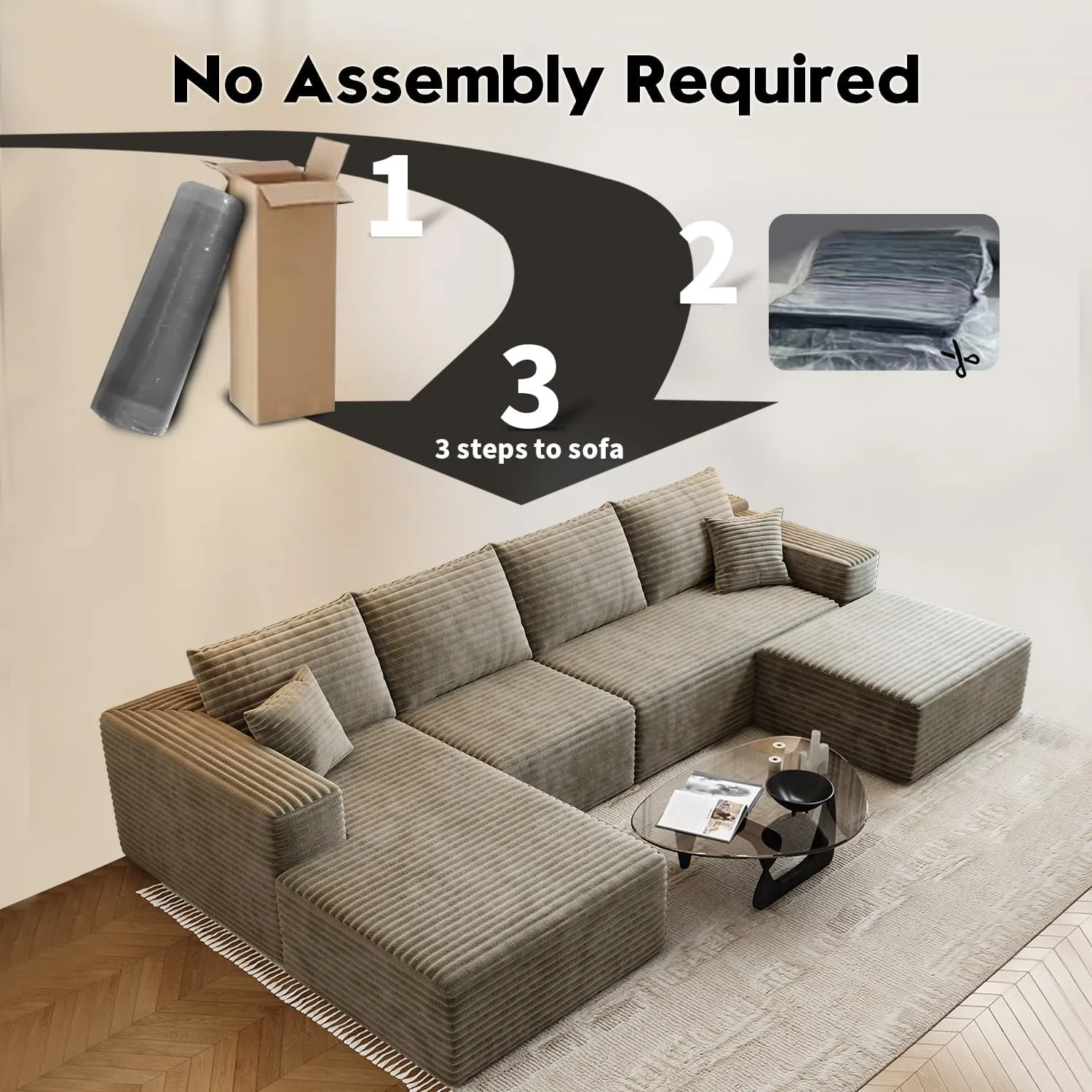 135.4" Cloud Modular Sectional Couch with 1 Ottoman,Modern Minimalist Upholstered Couches, Comfort U Shaped Sofa for Living Room,Deep Seat Corner Couch，No Assembly Required (Camel,Left Facing Chaise)