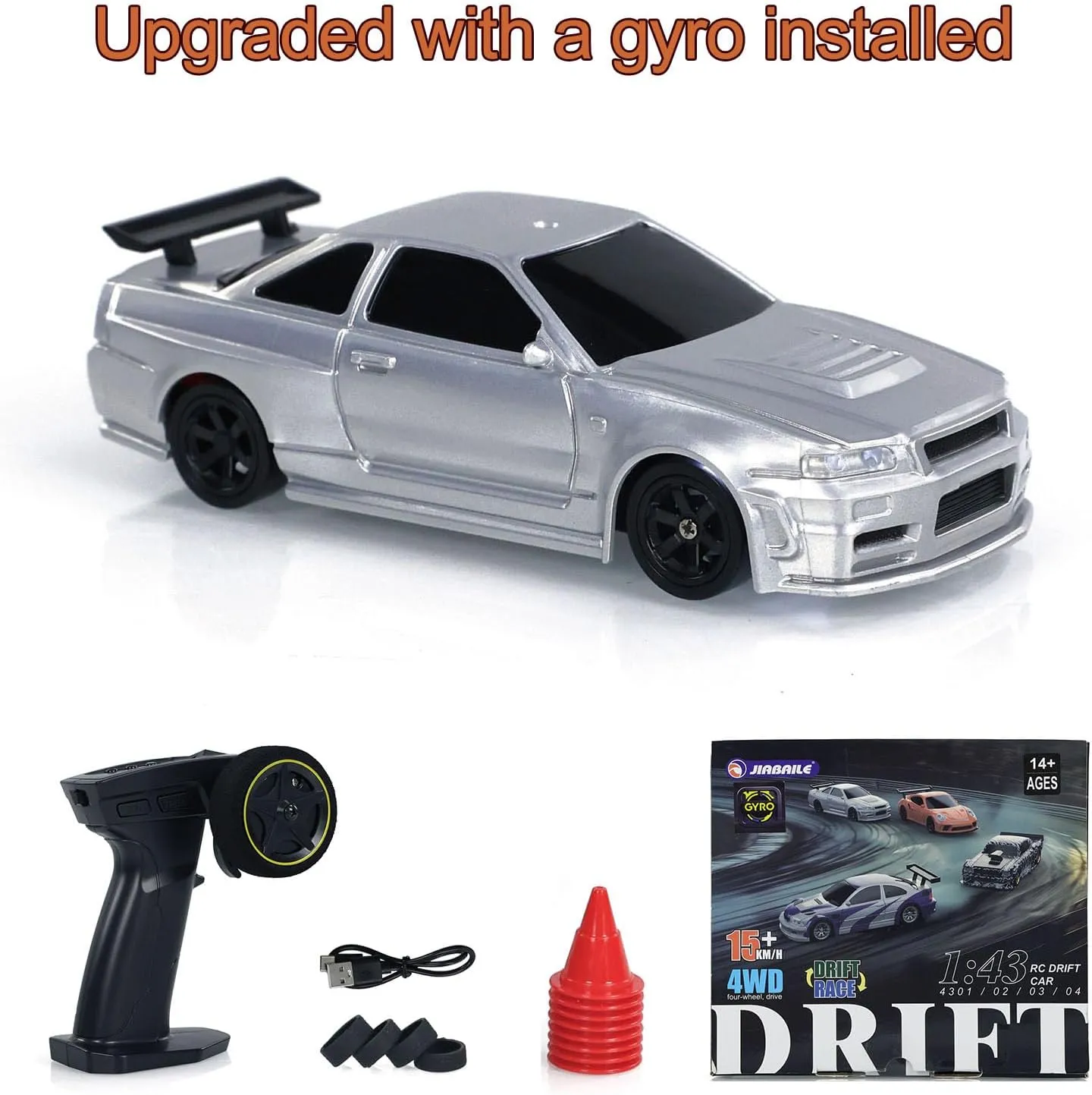 1/43 Full Scale RC Drift Race Vehicle with Gyro Edition 4WD Ready to Go Mini Racing Car Remote Control Car High Speed Model for Collection Gift Boys(Silver Gray)