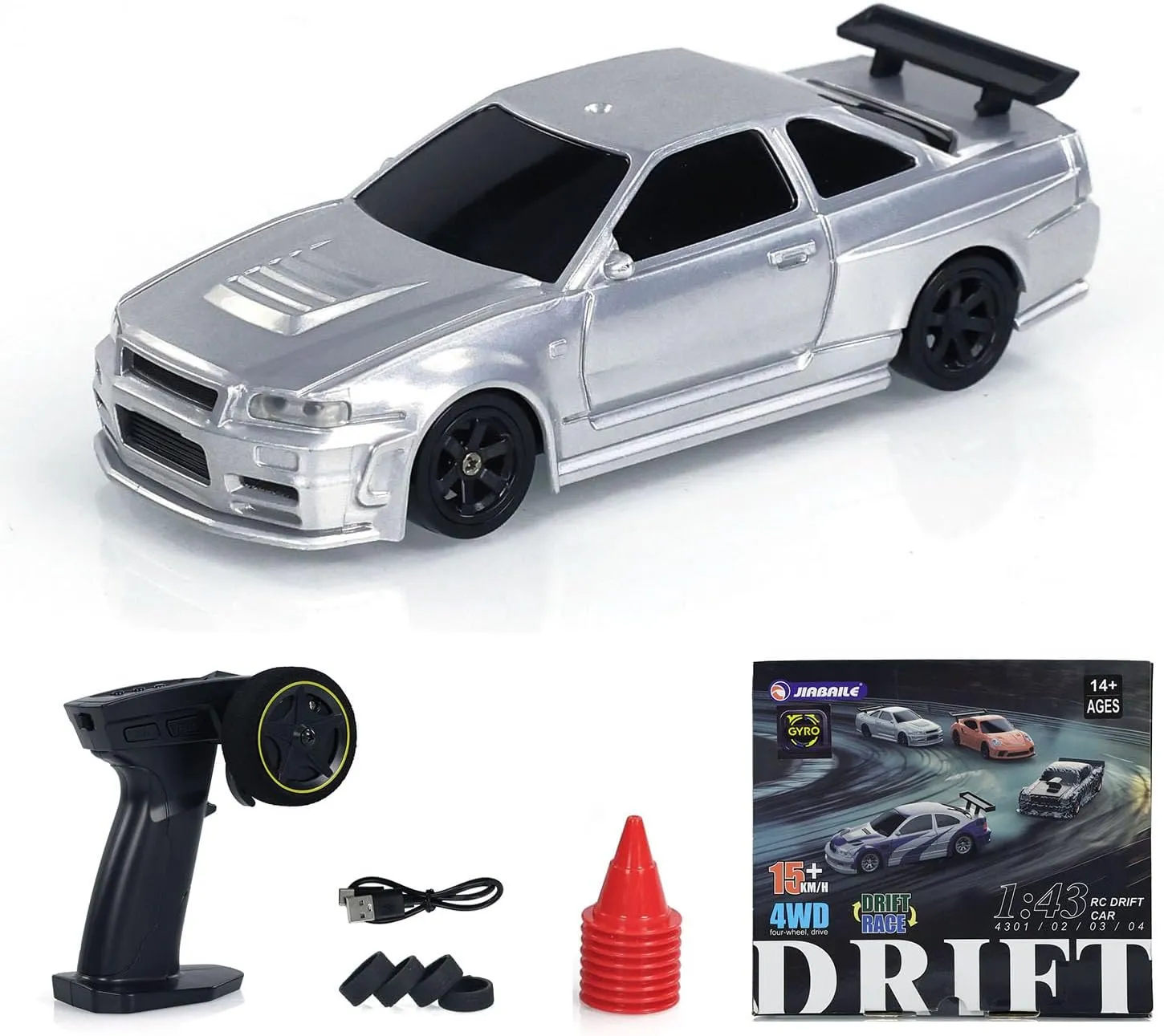 1/43 Full Scale RC Drift Race Vehicle with Gyro Edition 4WD Ready to Go Mini Racing Car Remote Control Car High Speed Model for Collection Gift Boys(Silver Gray)