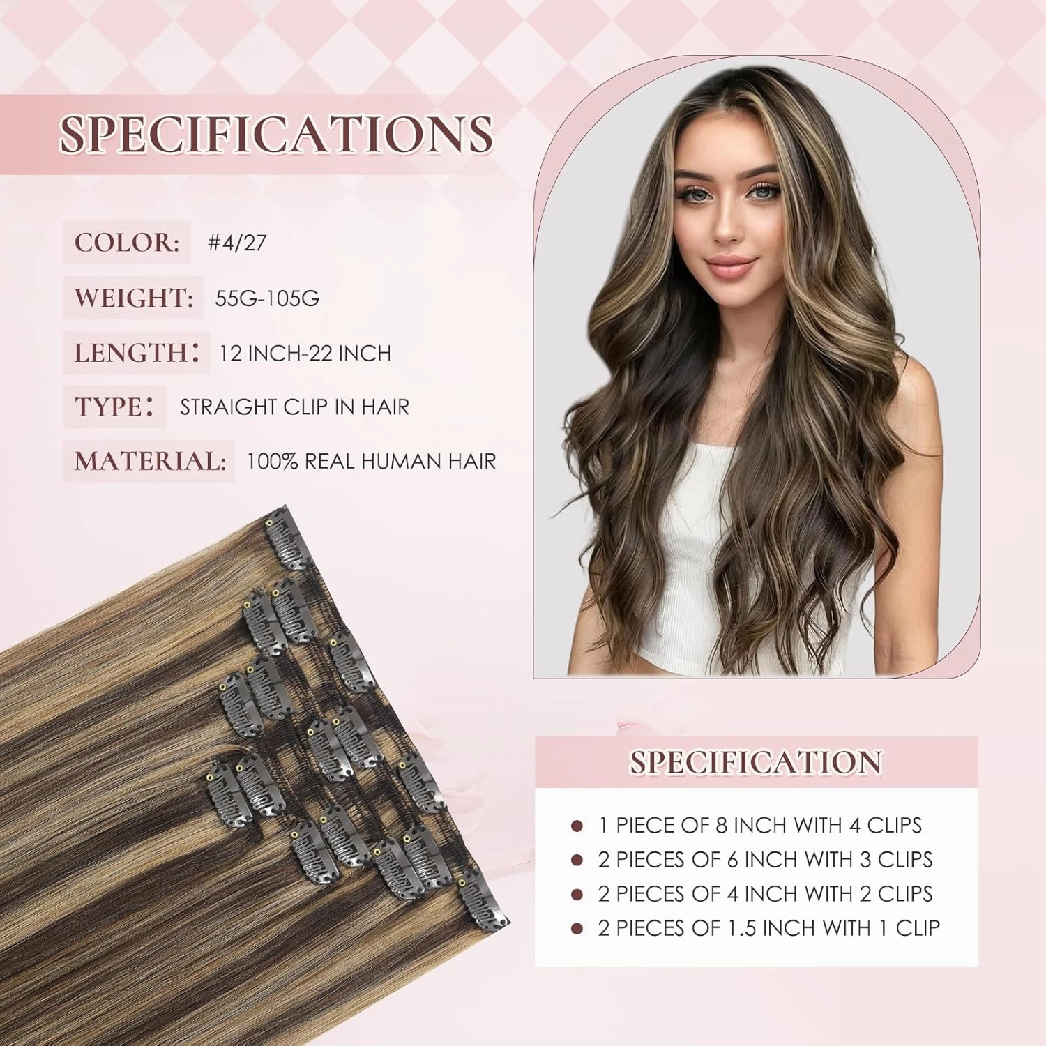 14 Inch Clip in Real Human Hair Extensions,Chocolate Brown with Caramel Blonde Highlights, Remy Thick Invisible Straight Hair, Seamless 65 Gram 7 Pieces Set with 16 Clips