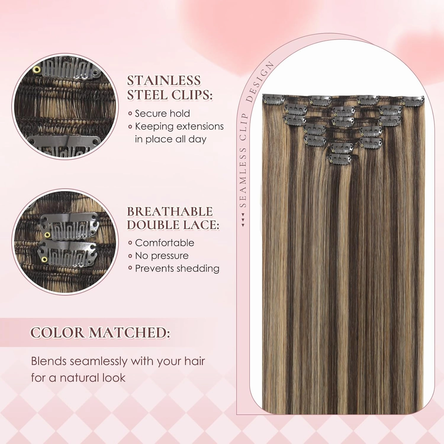 14 Inch Clip in Real Human Hair Extensions,Chocolate Brown with Caramel Blonde Highlights, Remy Thick Invisible Straight Hair, Seamless 65 Gram 7 Pieces Set with 16 Clips