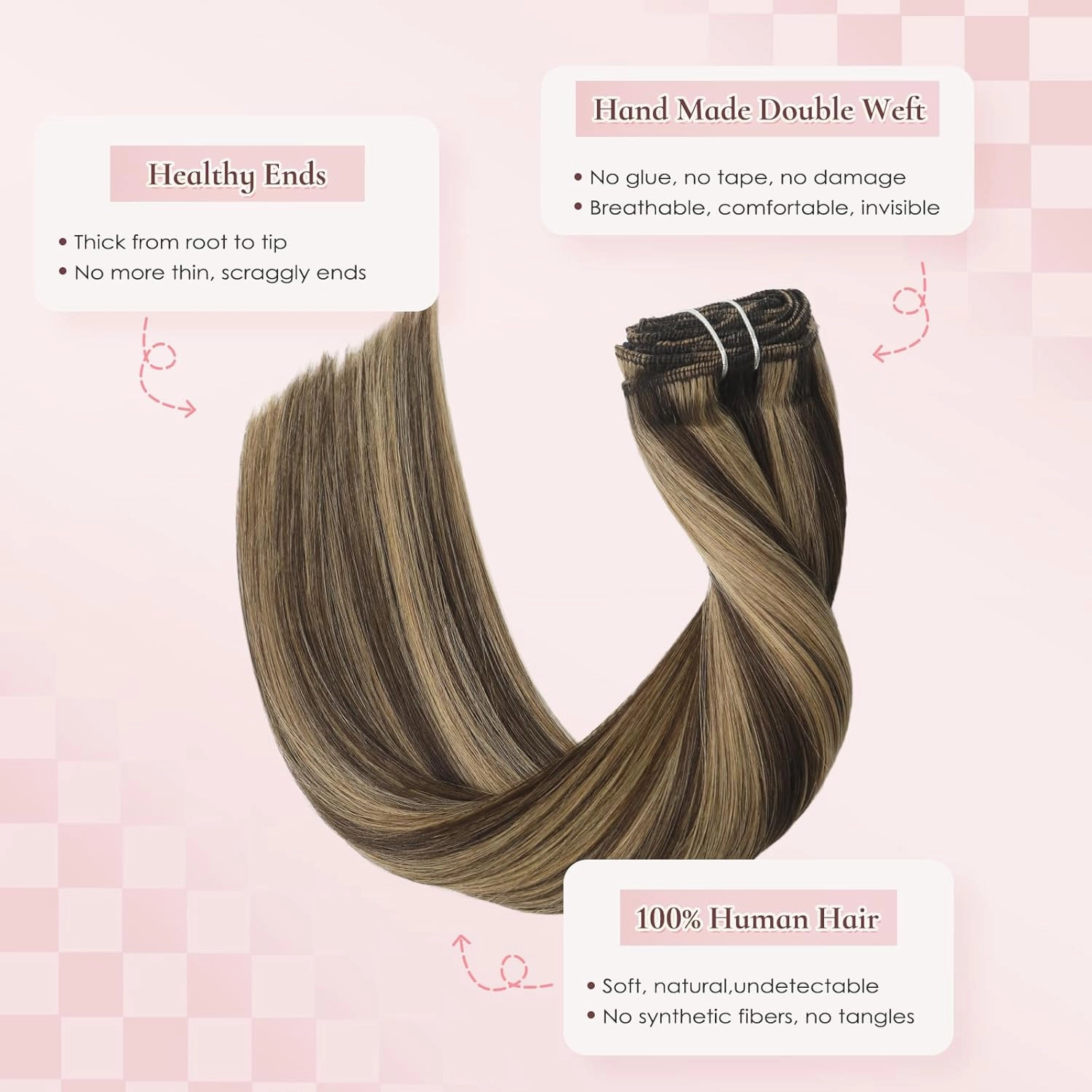 14 Inch Clip in Real Human Hair Extensions,Chocolate Brown with Caramel Blonde Highlights, Remy Thick Invisible Straight Hair, Seamless 65 Gram 7 Pieces Set with 16 Clips