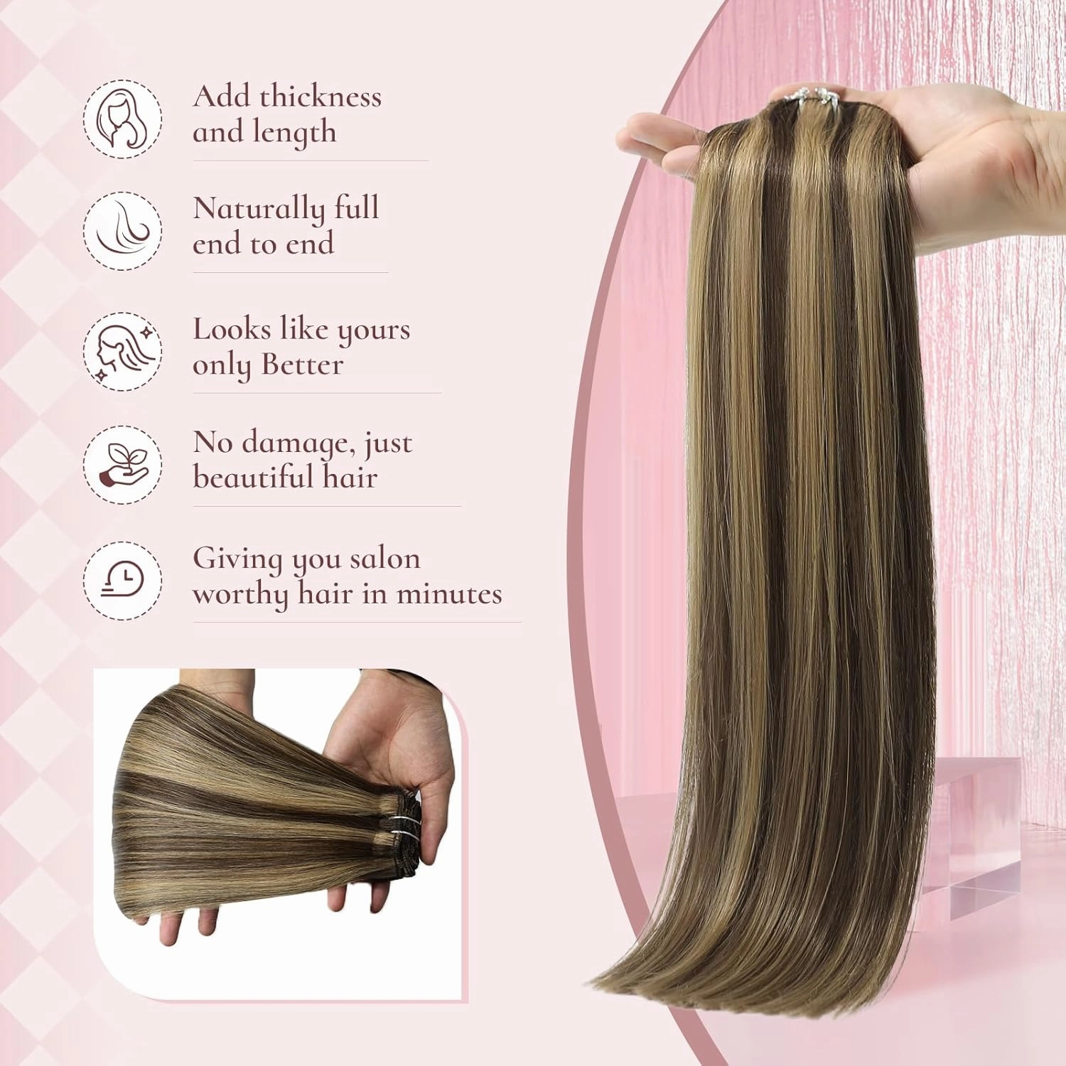 14 Inch Clip in Real Human Hair Extensions,Chocolate Brown with Caramel Blonde Highlights, Remy Thick Invisible Straight Hair, Seamless 65 Gram 7 Pieces Set with 16 Clips
