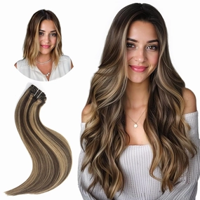 14 Inch Clip in Real Human Hair Extensions,Chocolate Brown with Caramel Blonde Highlights, Remy Thick Invisible Straight Hair, Seamless 65 Gram 7 Pieces Set with 16 Clips