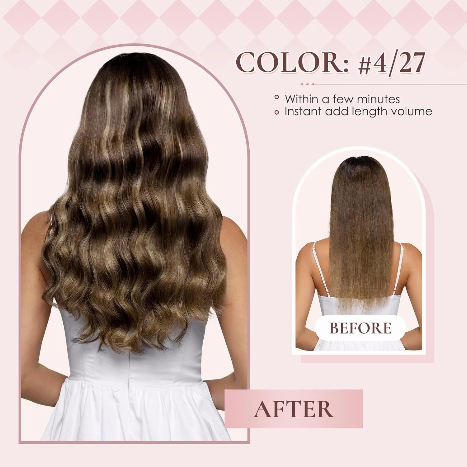 14 Inch Clip in Real Human Hair Extensions,Chocolate Brown with Caramel Blonde Highlights, Remy Thick Invisible Straight Hair, Seamless 65 Gram 7 Pieces Set with 16 Clips