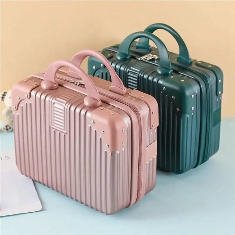 14 inch Mini Travel Suitcase Cosmetic Box Hand Luggage Organizer Makeup Case Small Password Box Boarding Case For Women Girls(Beige)