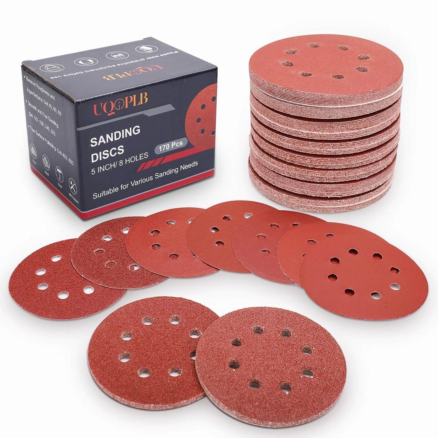 170 Pcs 5 Inch Sanding Discs, 8-Hole Hook and Loop Round Sandpaper for Random Orbital Sander 40 60 80 120 150 240 320 400 600 Grit